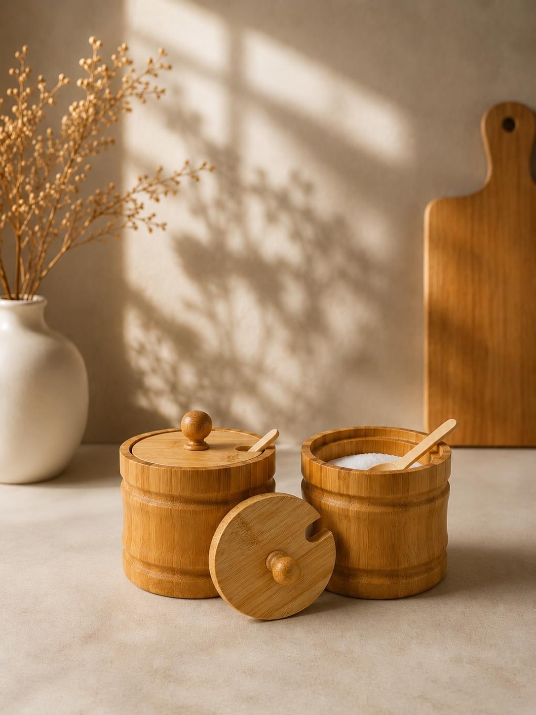 2'li Bambu Baharatlık Seti Kaşıklı Kapaklı Tuzluk Şekerlik Kahve ve Baharat Saklama Kavanozu 9x9 cm