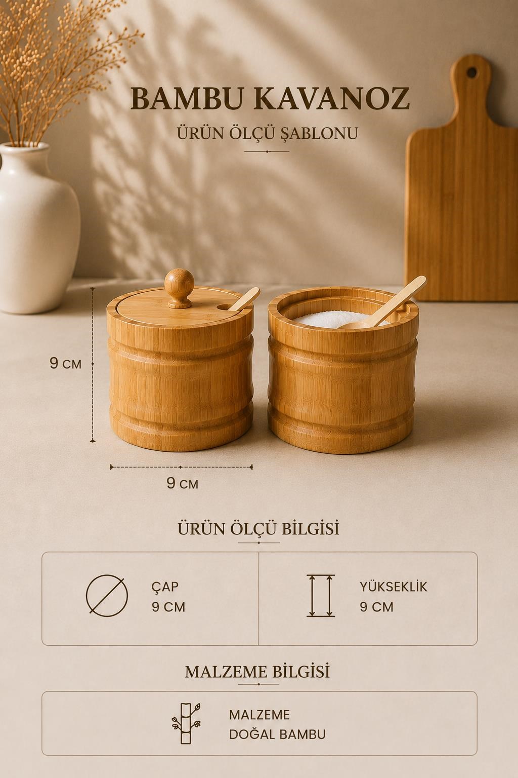 2'li Bambu Baharatlık Seti Kaşıklı Kapaklı Tuzluk Şekerlik Kahve ve Baharat Saklama Kavanozu 9x9 cm