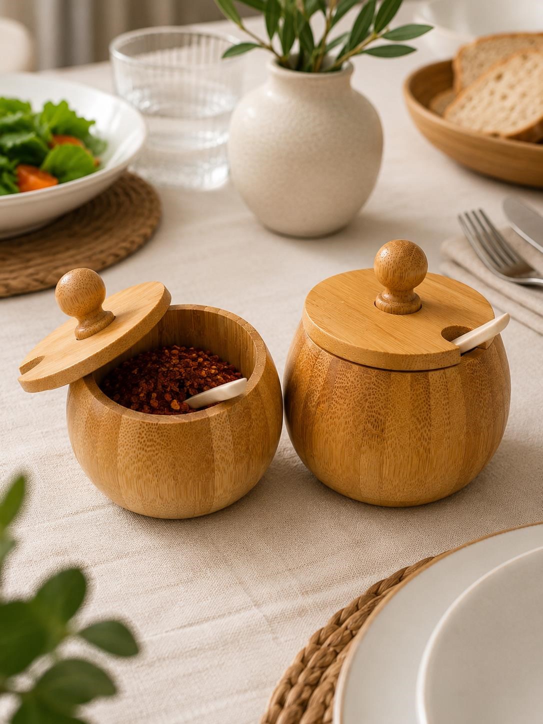 2'li Bambu Tuzluk Şekerlik Seti Kapaklı Kaşıklı Baharat Saklama Kabı