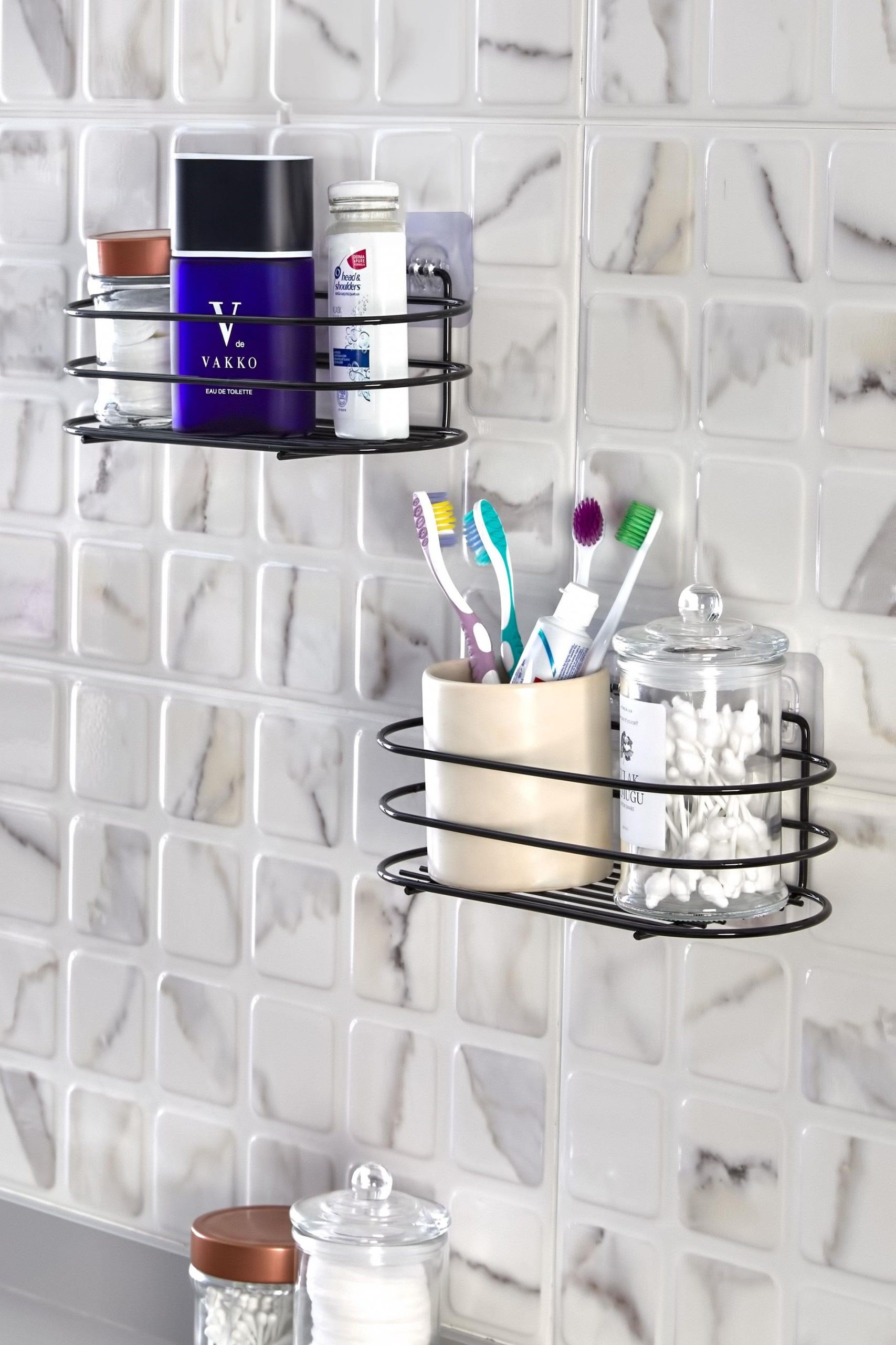 2'li Banyo Düzenleyici - Yapışkanlı Banyo Ve Mutfak Rafı - Siyah Toparlayıcı Banyo Aksesuarı Şampuanlık Sabunluk