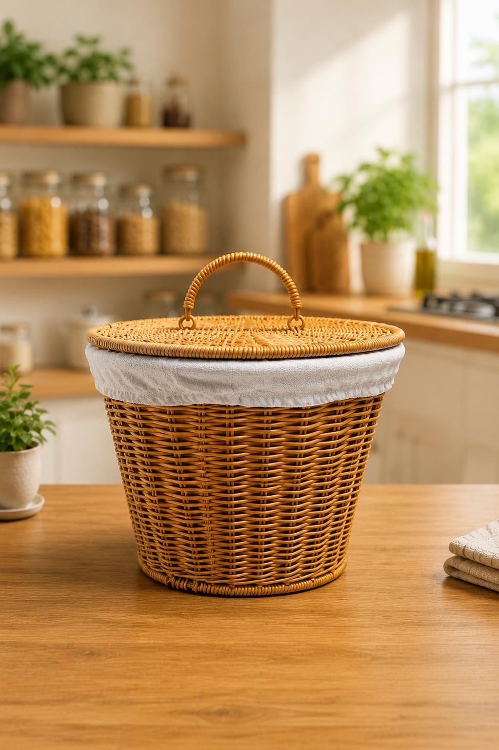 2'li El Yapımı Kapaklı Rattan Sepet Dekoratif Düzenleyici Patates Soğan Sepeti Kiler Organizeri