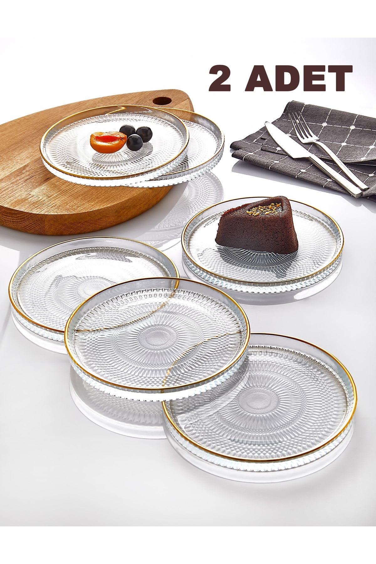 2'Li Gold Altın Yaldızlı Lüks Cam Pasta Servis Seti - Kahvaltılık Tabağı - Tatlı Sunum Tabağı