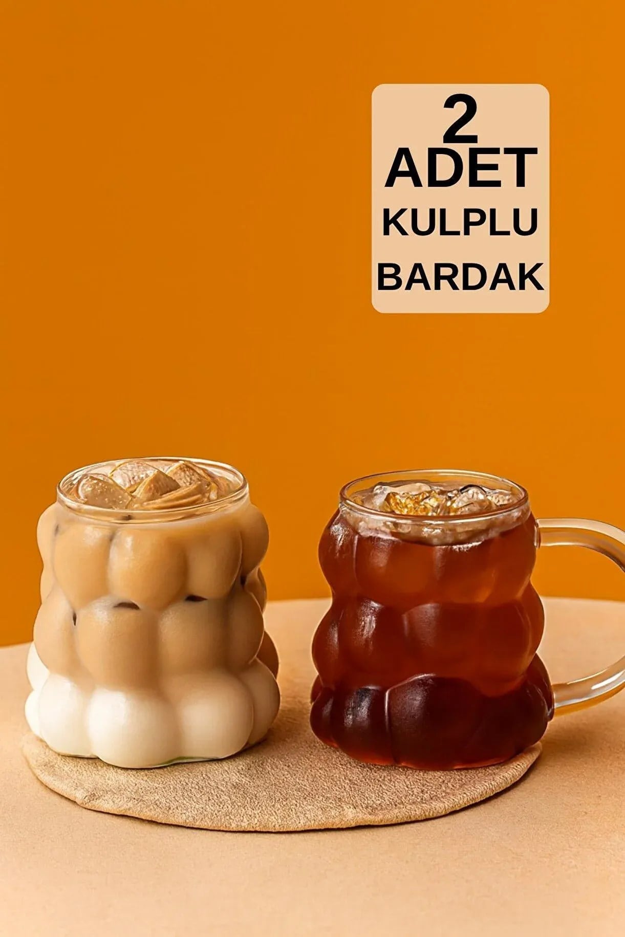 2'li Üzüm Desenli Borosilikat Cam Kulplu Bardak Seti