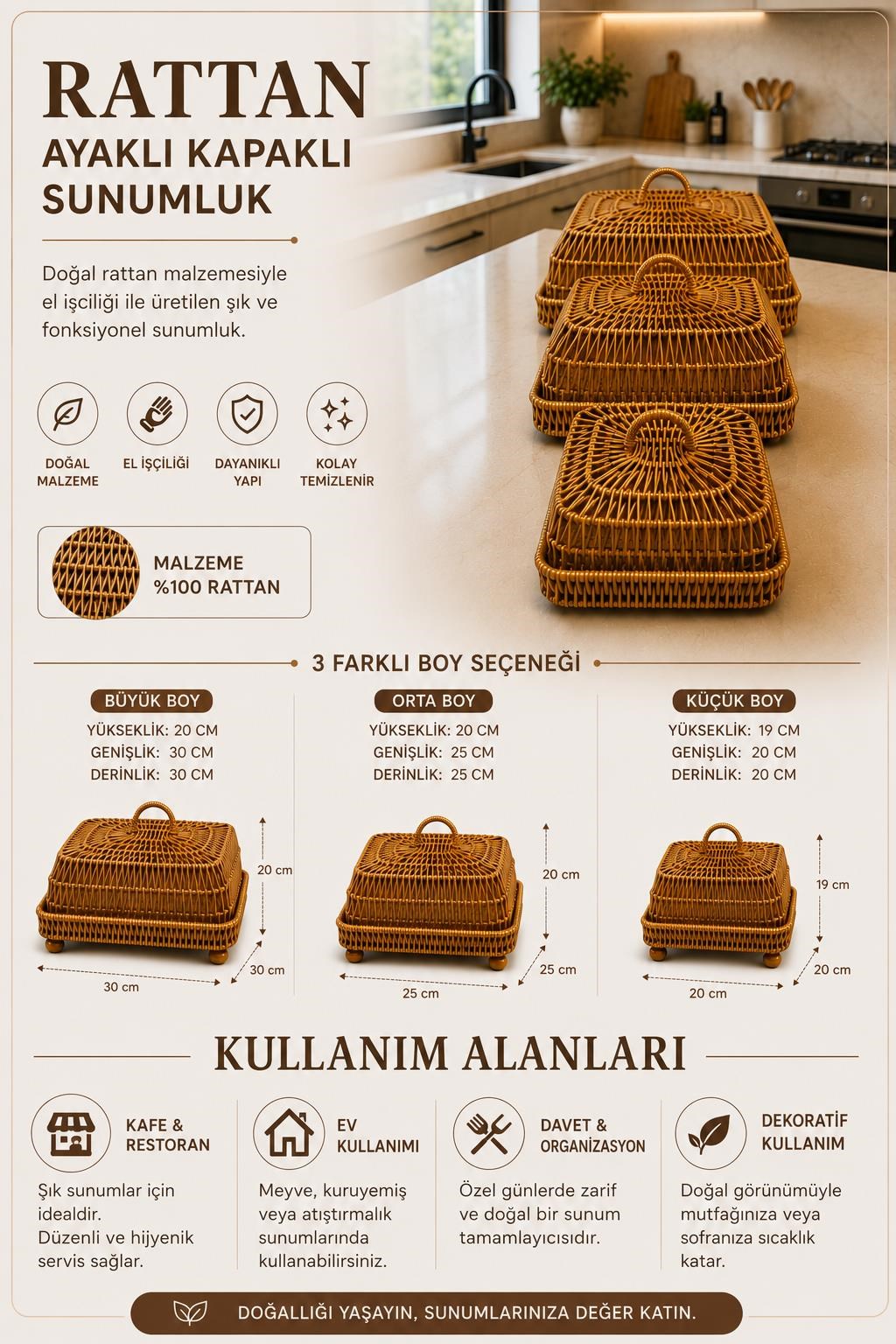 3 Boy Rattan Ayaklı Kapaklı Sunumluk Tepsi Seti Doğal El İşçiligi Sunum Sepeti Organizer Meyvelik