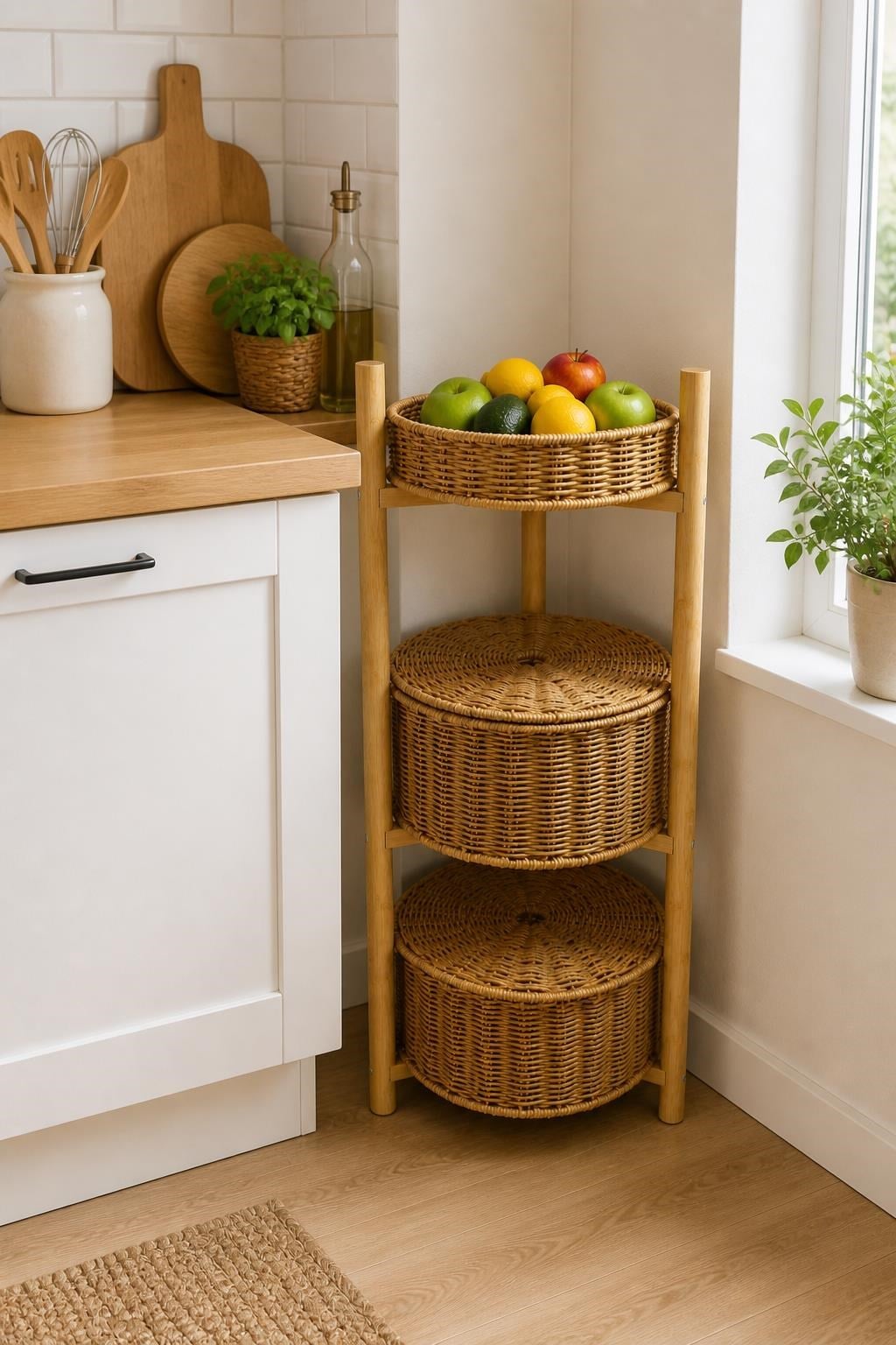 3 Katlı Bambu Rattan Organizer Sepet Mutfak Banyo Salon Düzenleyici Raf Sebzelik Patates Soğanlık