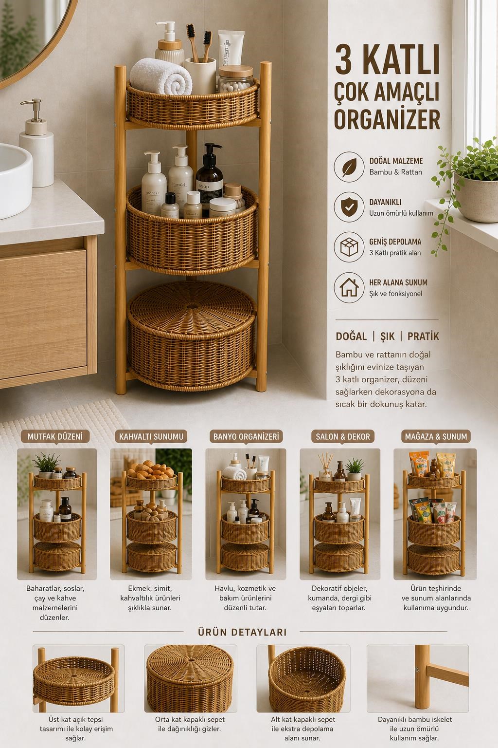 3 Katlı Bambu Rattan Organizer Sepet Mutfak Banyo Salon Düzenleyici Raf Sebzelik Patates Soğanlık