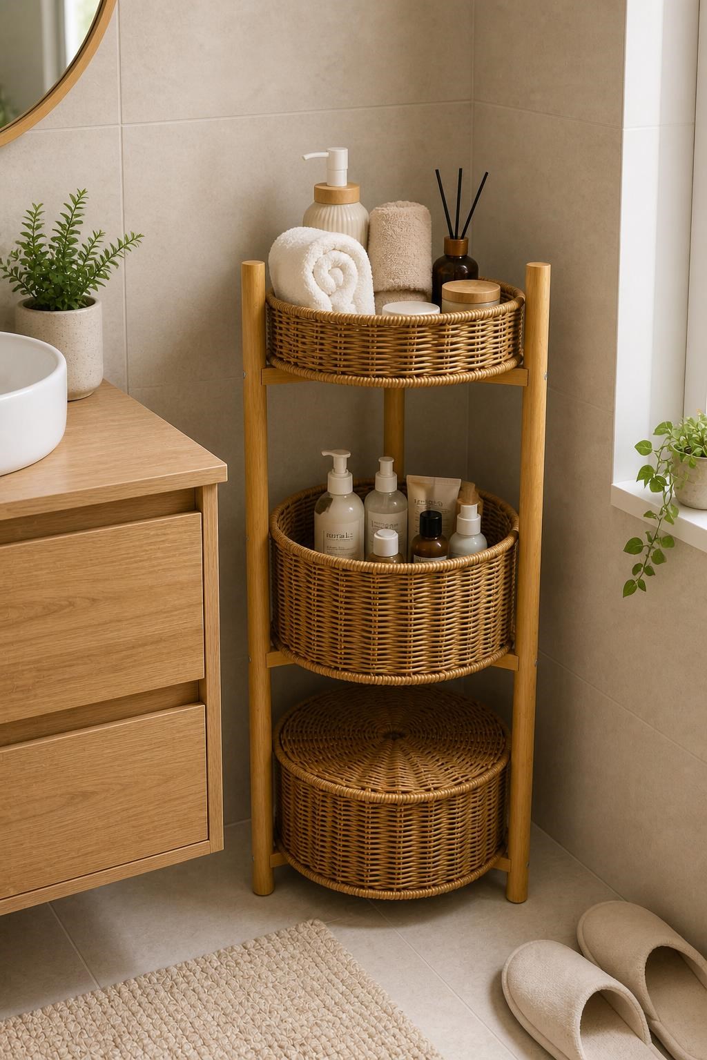 3 Katlı Bambu Rattan Organizer Sepet Mutfak Banyo Salon Düzenleyici Raf Sebzelik Patates Soğanlık