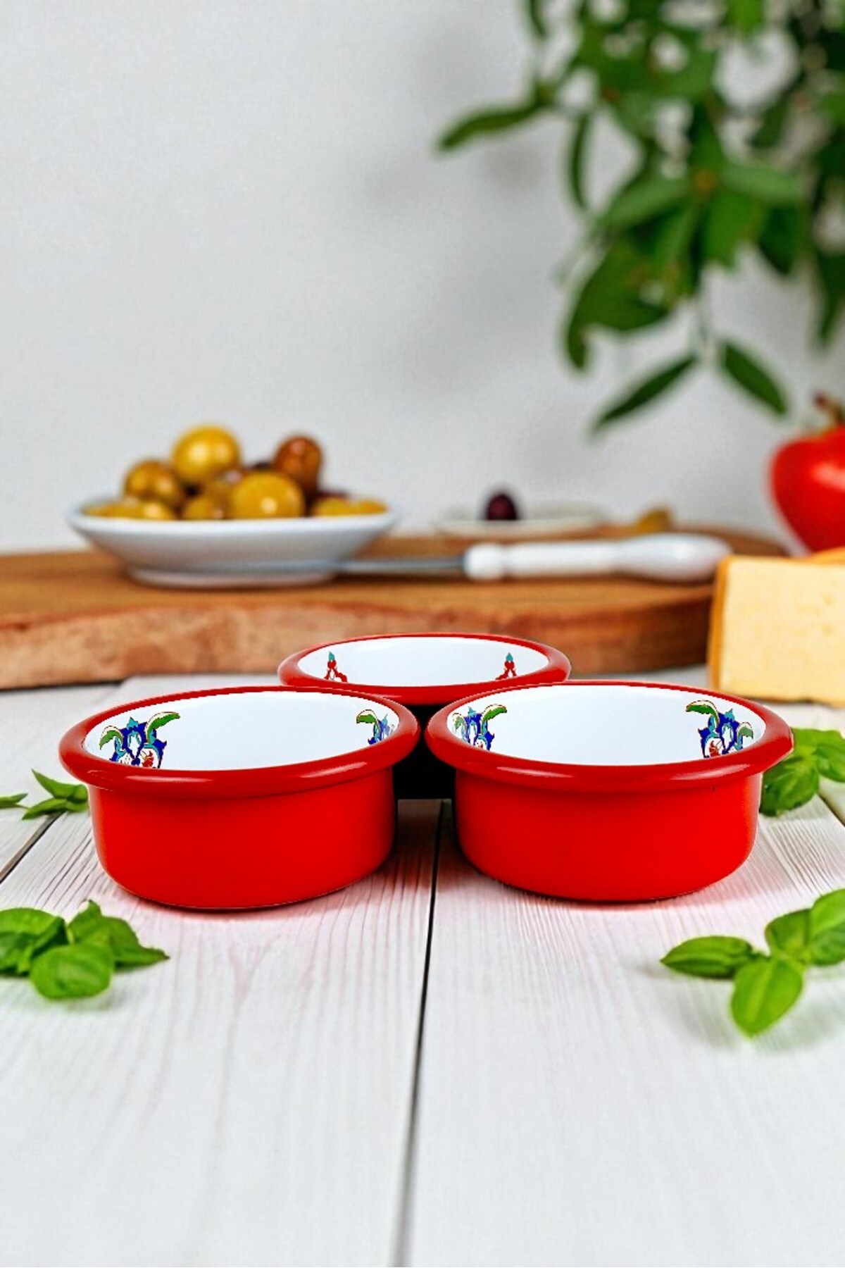 3 Parça 10Cm Emaye Dik Tabak Set , Kahvaltı Tabağı, Reçellik, Zeytin, Peynir Tabağı, Çeyiz, Hediye