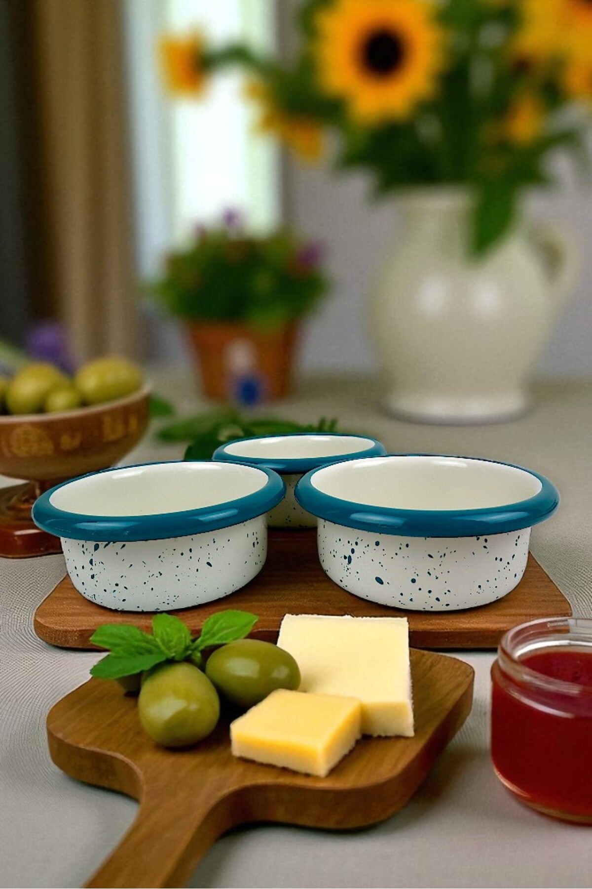 3 Parça 10Cm Emaye Dik Tabak Set , Kahvaltı Tabağı, Reçellik, Zeytin, Peynir Tabağı, Çeyiz, Hediye