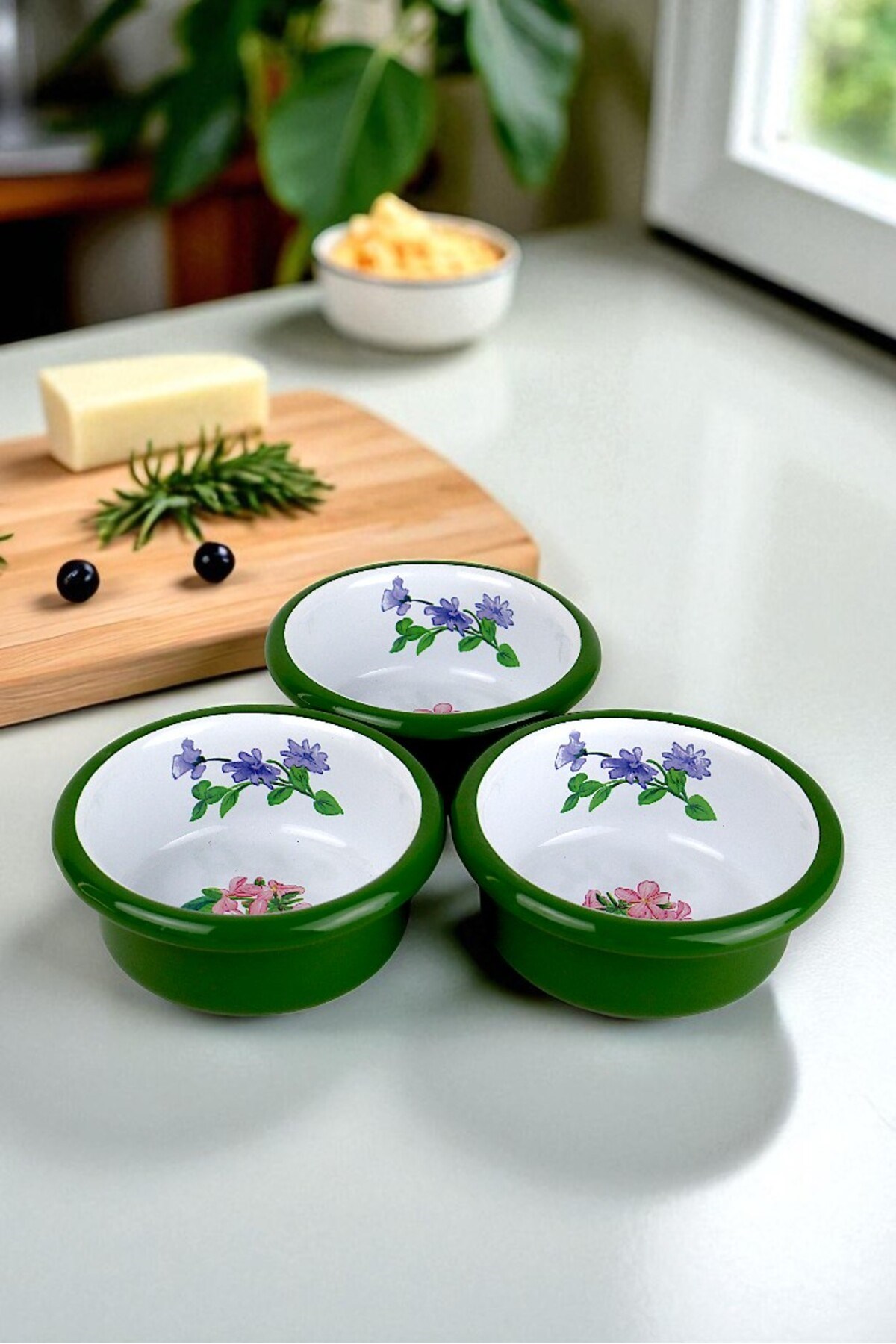 3 Parça 10Cm Emaye Dik Tabak Set , Kahvaltı Tabağı, Reçellik, Zeytin, Peynir Tabağı, Çeyiz, Hediye