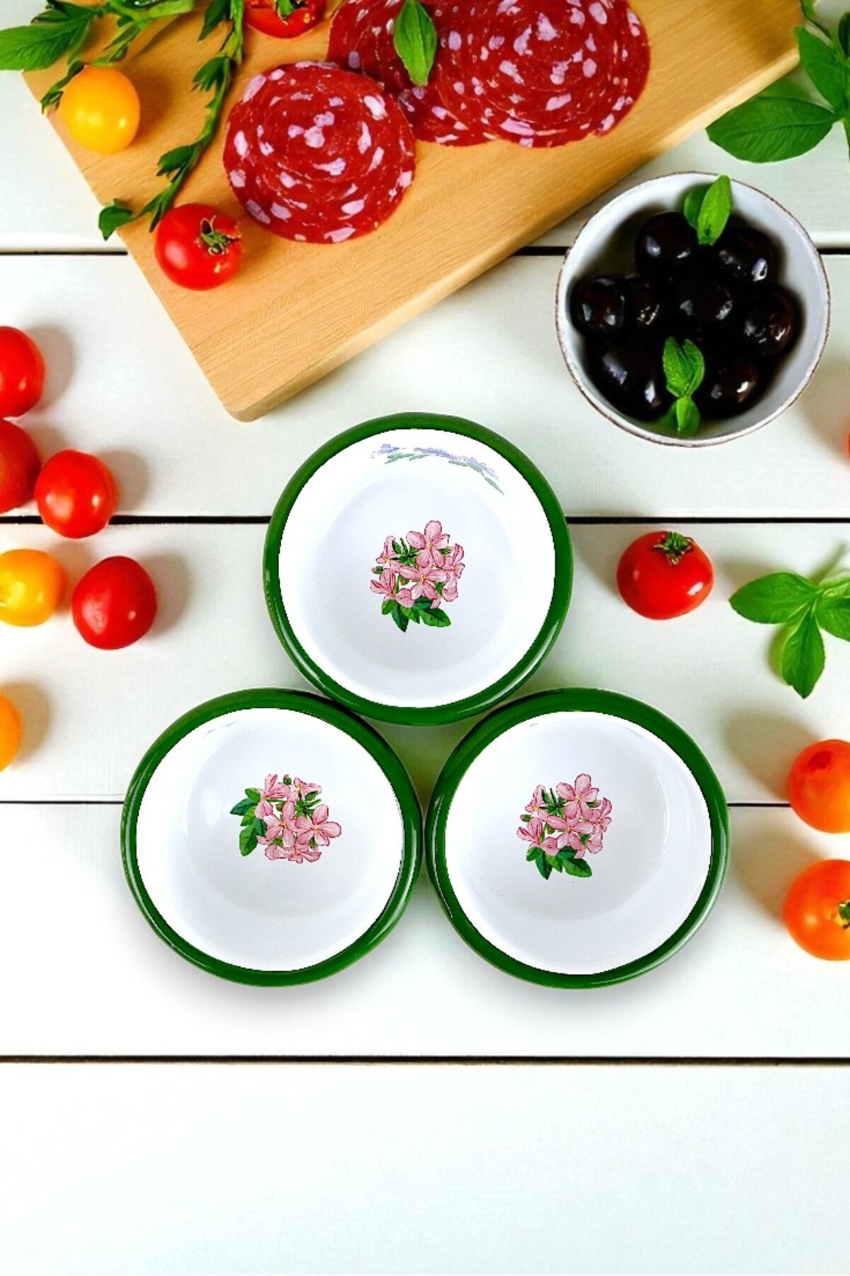 3 Parça 10Cm Emaye Dik Tabak Set , Kahvaltı Tabağı, Reçellik, Zeytin, Peynir Tabağı, Çeyiz, Hediye