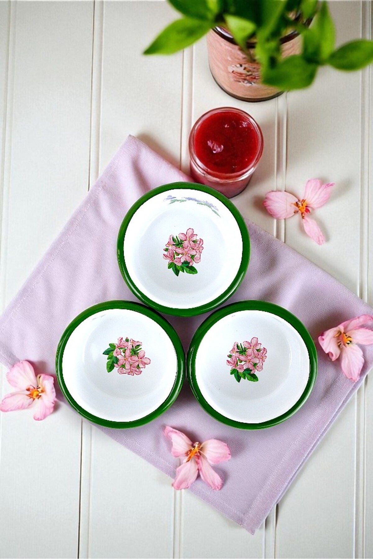 3 Parça 10Cm Emaye Dik Tabak Set , Kahvaltı Tabağı, Reçellik, Zeytin, Peynir Tabağı, Çeyiz, Hediye