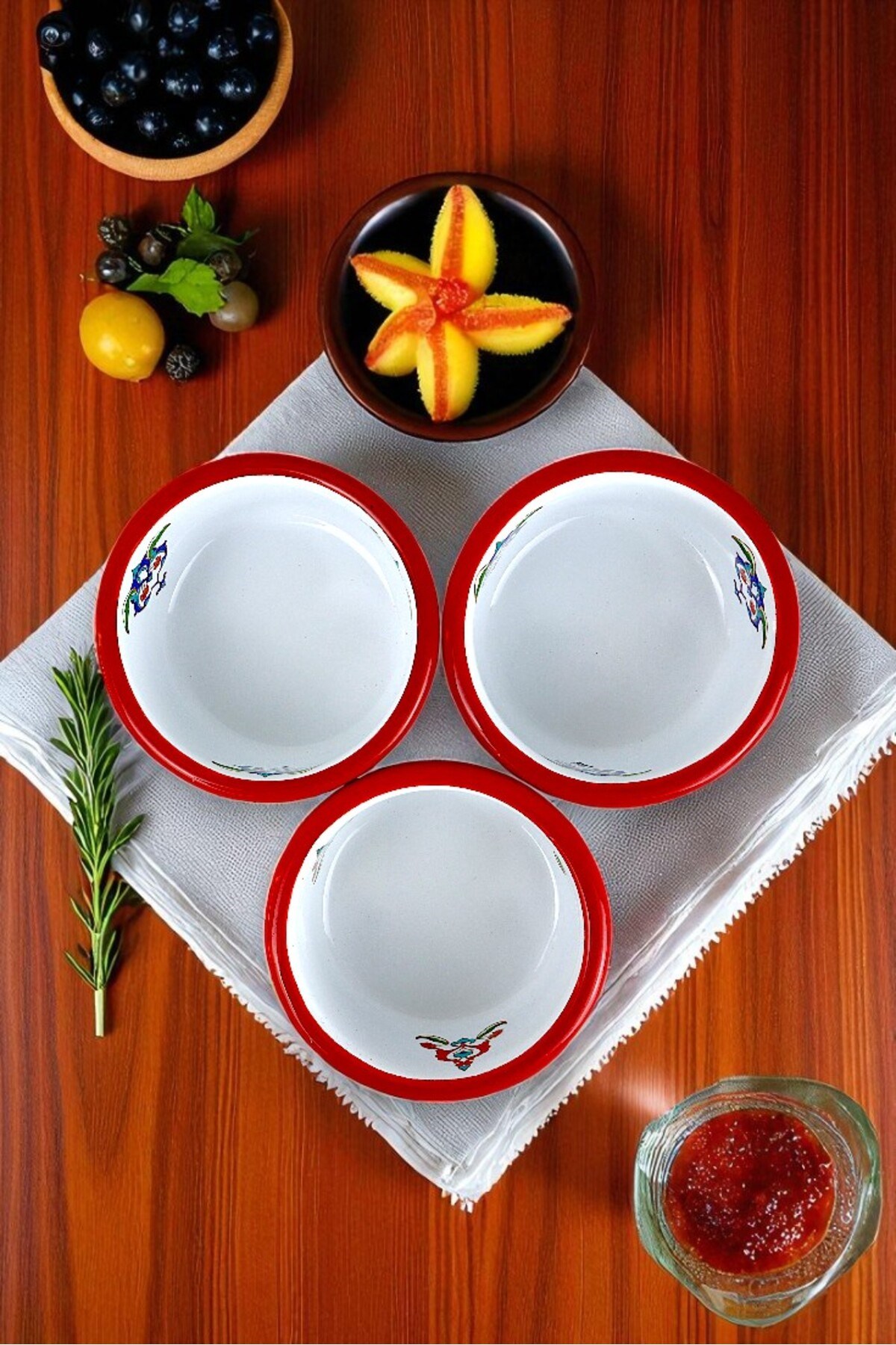 3 Parça 10Cm Emaye Dik Tabak Set , Kahvaltı Tabağı, Reçellik, Zeytin, Peynir Tabağı, Çeyiz, Hediye