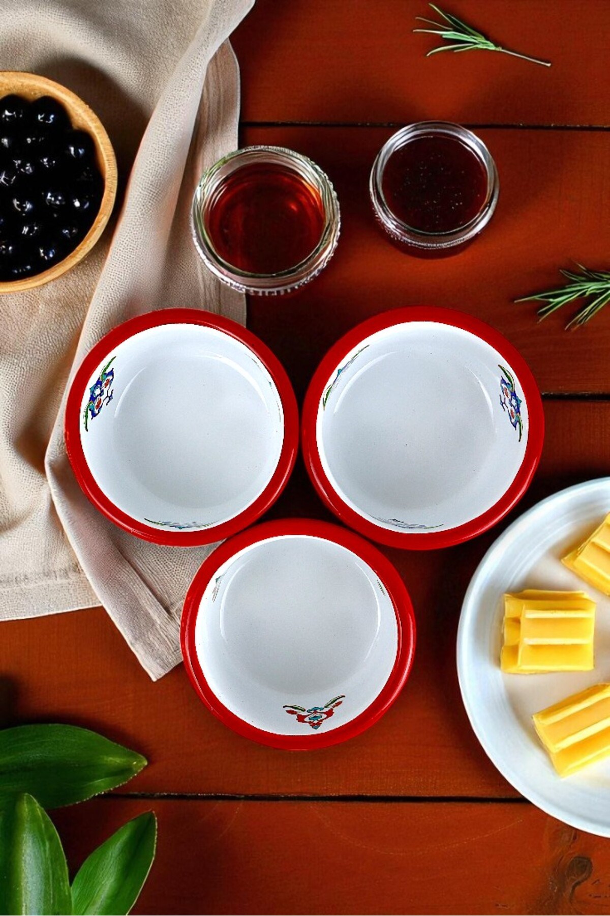 3 Parça 10Cm Emaye Dik Tabak Set , Kahvaltı Tabağı, Reçellik, Zeytin, Peynir Tabağı, Çeyiz, Hediye