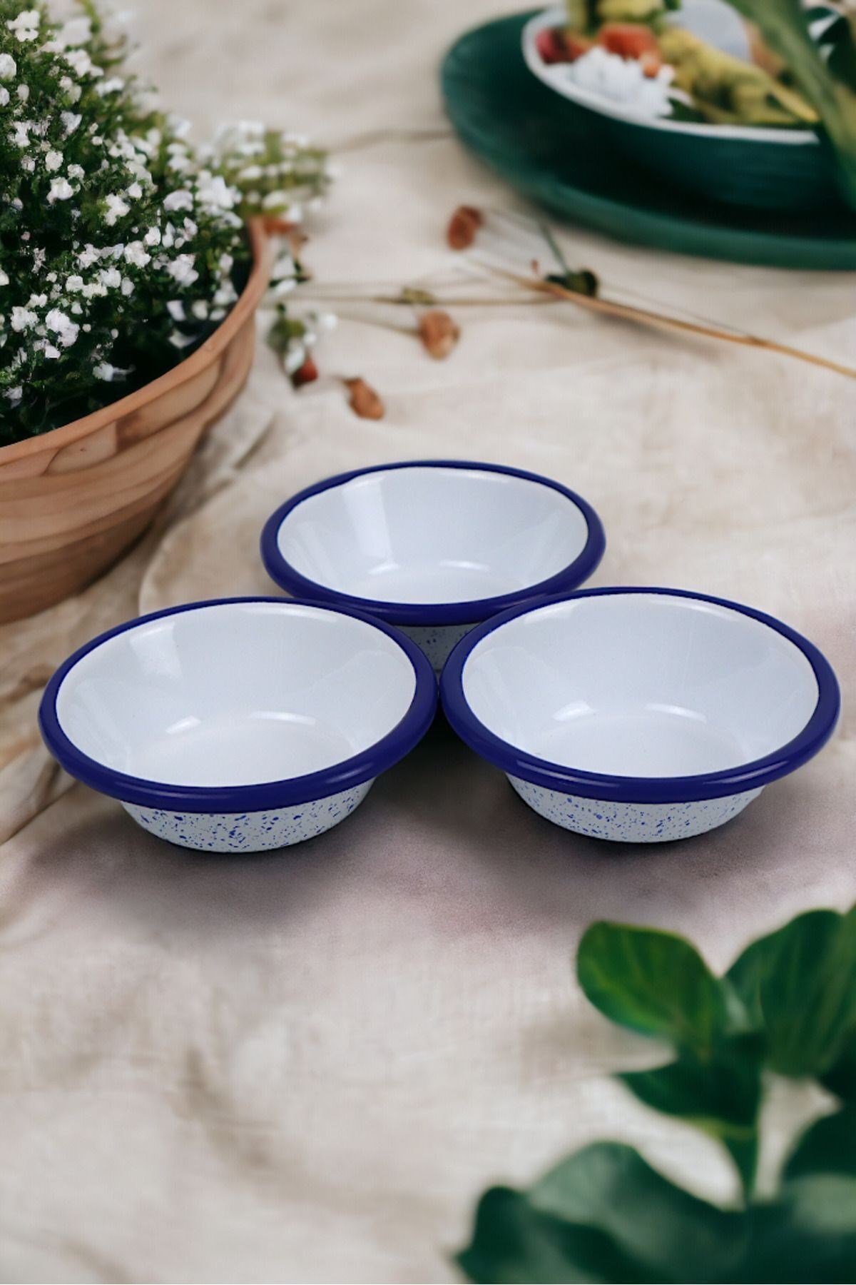 3 Parça 10Cm Emaye Konik Tabak Set , Kahvaltı Tabağı, Reçellik, Zeytin, Peynir Tabağı, Çeyiz, Hediye