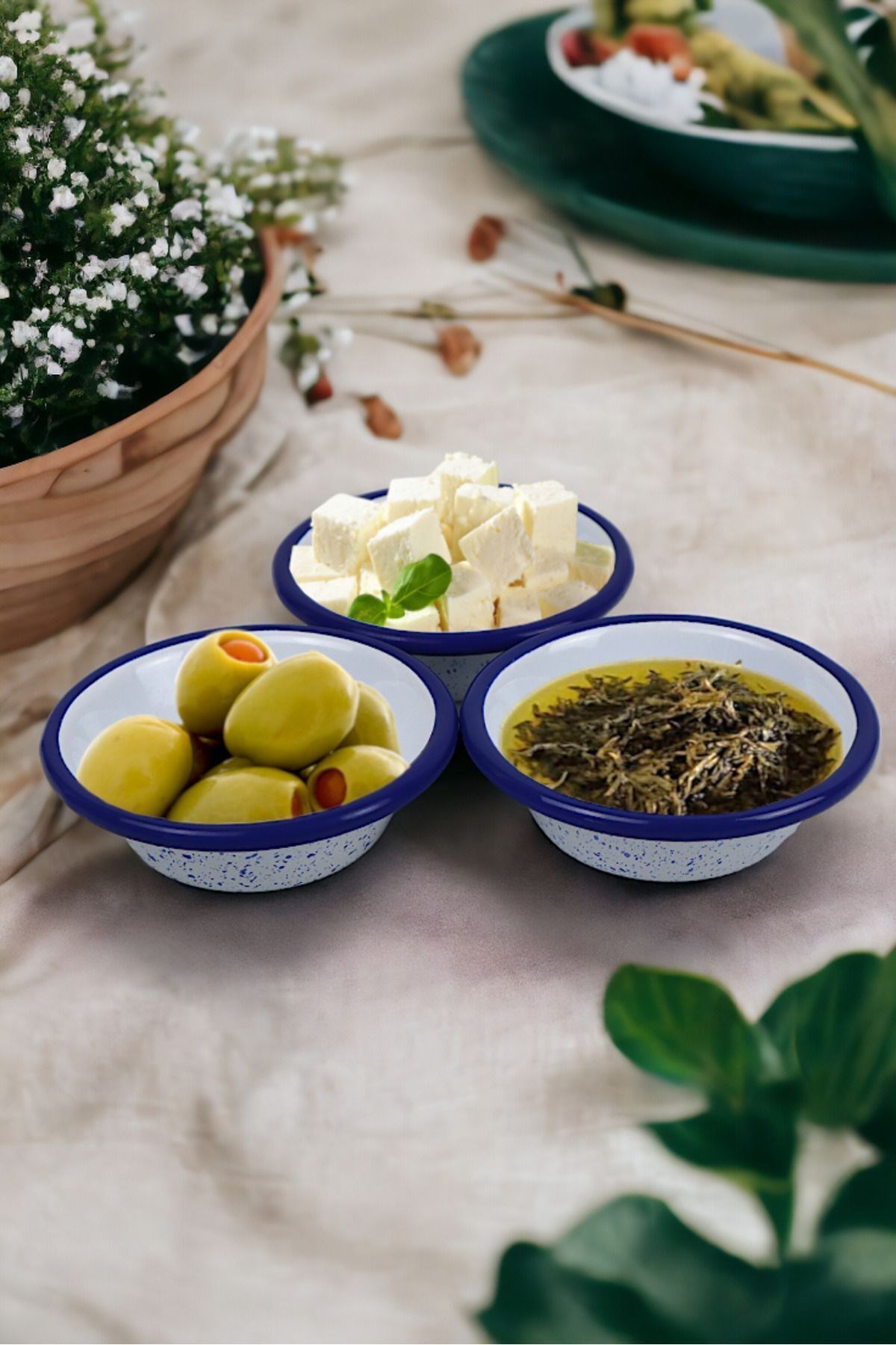 3 Parça 10Cm Emaye Konik Tabak Set , Kahvaltı Tabağı, Reçellik, Zeytin, Peynir Tabağı, Çeyiz, Hediye