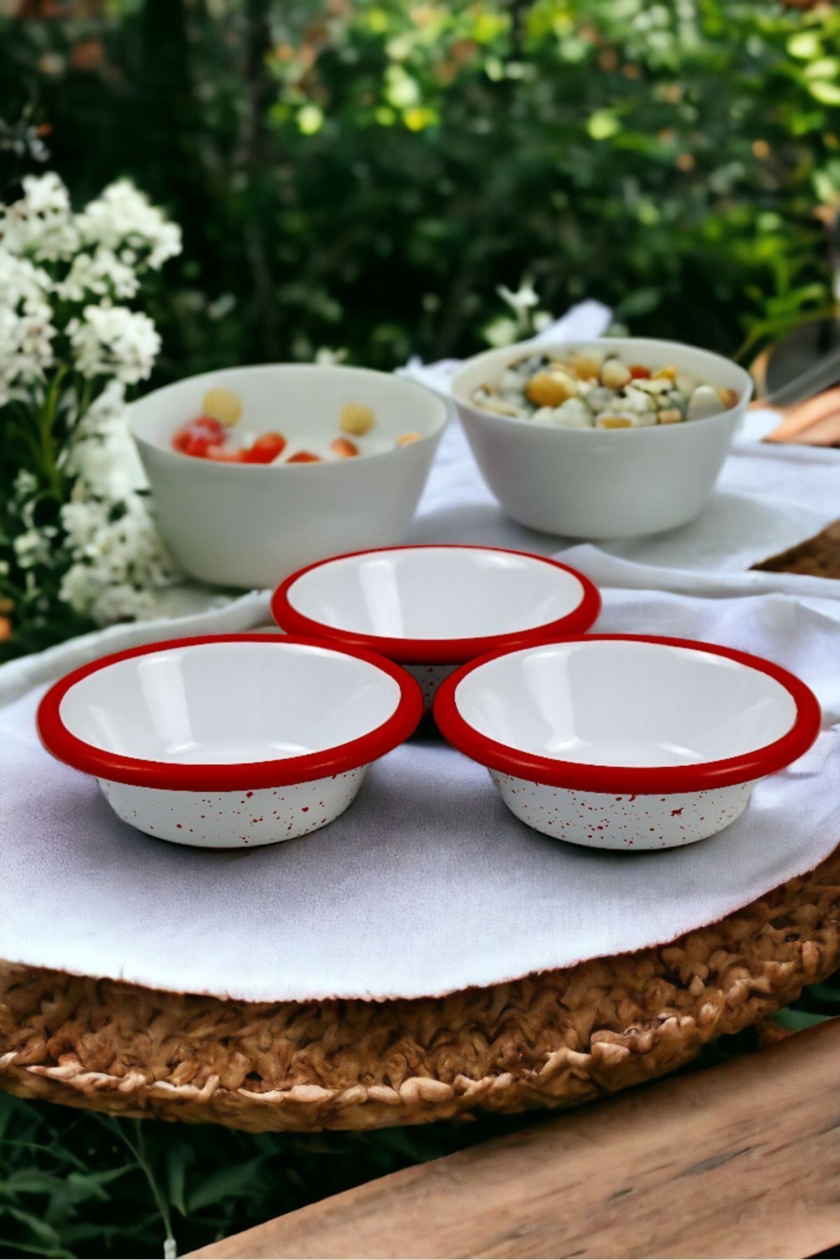 3 Parça 10Cm Emaye Konik Tabak Set , Kahvaltı Tabağı, Reçellik, Zeytin, Peynir Tabağı, Çeyiz, Hediye