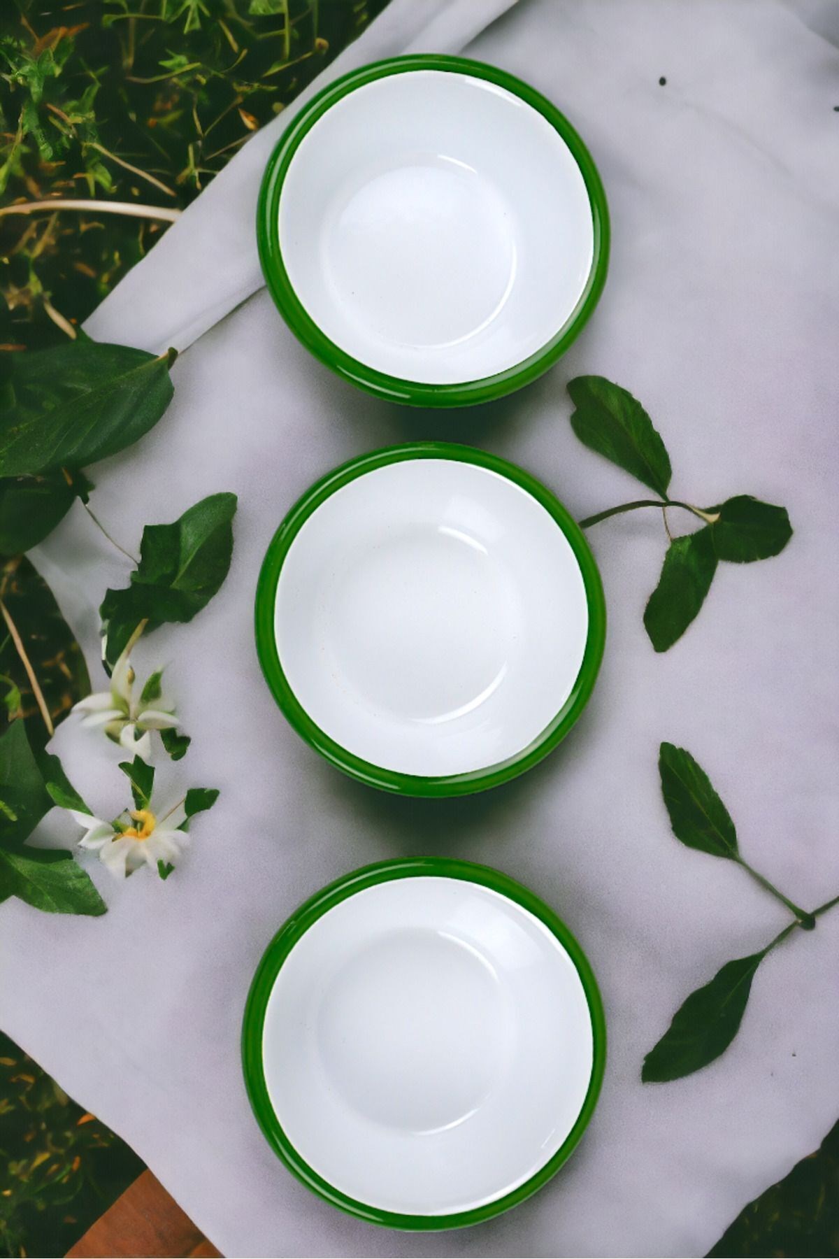 3 Parça 10Cm Emaye Konik Tabak Set , Kahvaltı Tabağı, Reçellik, Zeytin, Peynir Tabağı, Çeyiz, Hediye
