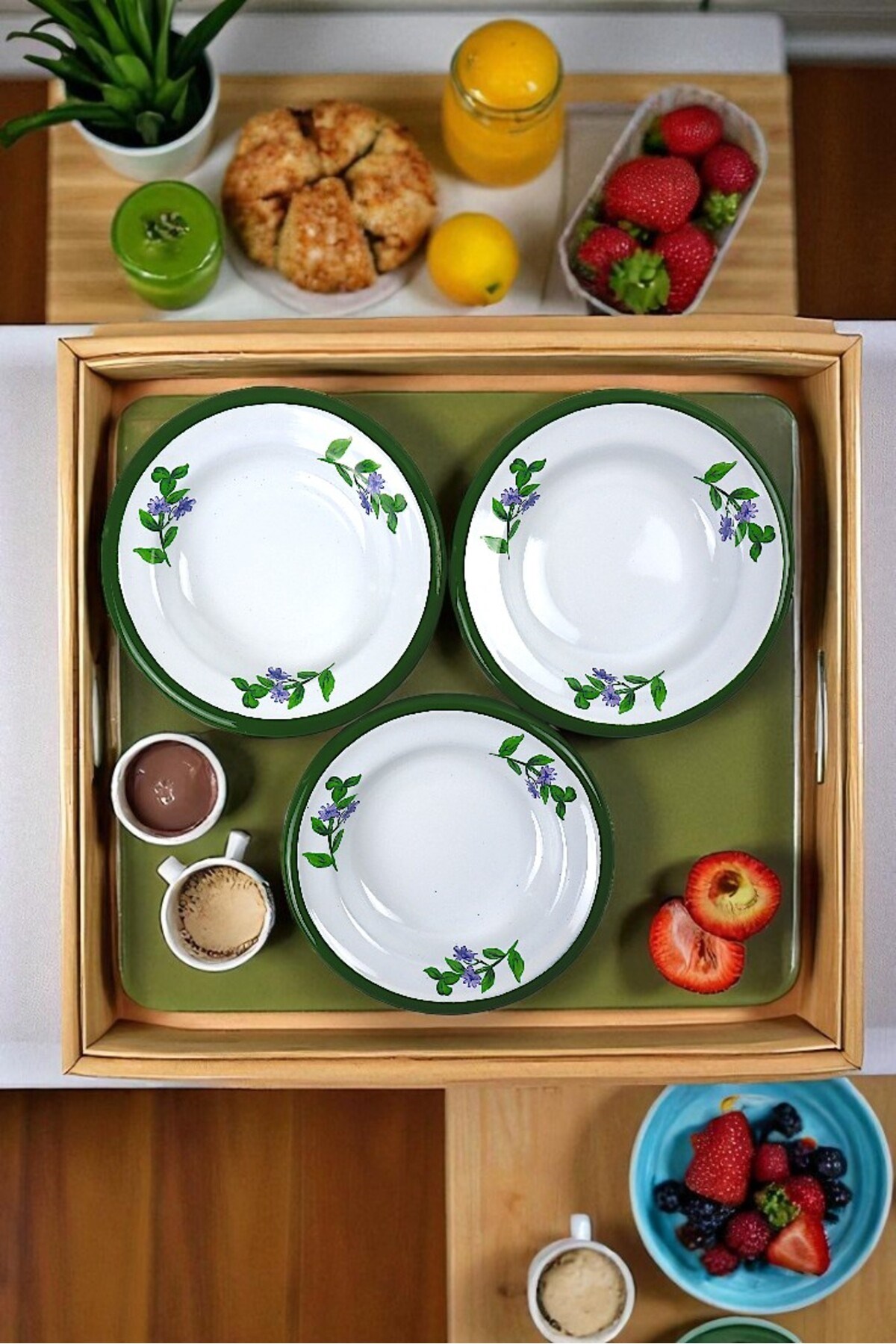 3 Parça 14Cm Emaye Tabak Set ,Kahvaltı Tabağı,Reçellik, Zeytin, Peynir Tabağı, Çeyiz, Yılbaşı Hediye