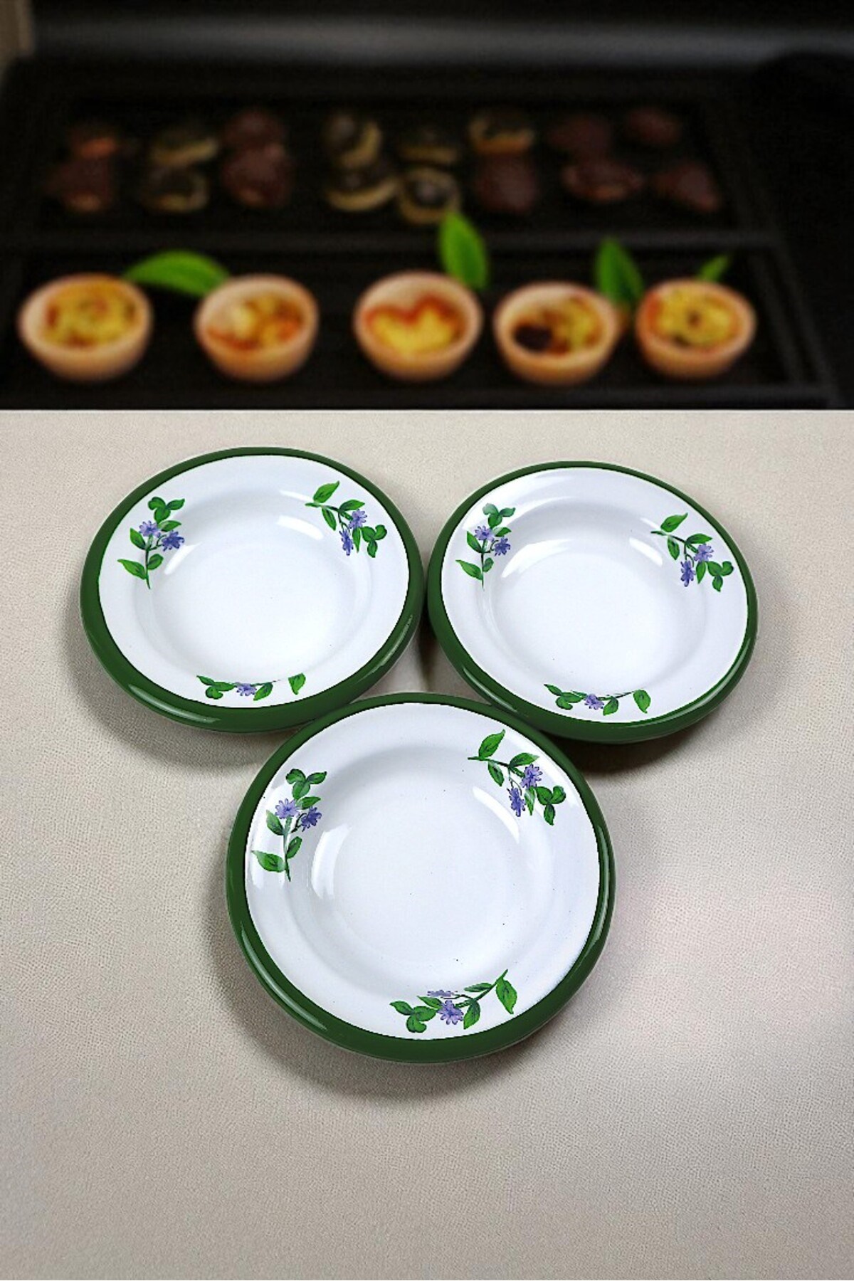 3 Parça 14Cm Emaye Tabak Set ,Kahvaltı Tabağı,Reçellik, Zeytin, Peynir Tabağı, Çeyiz, Yılbaşı Hediye