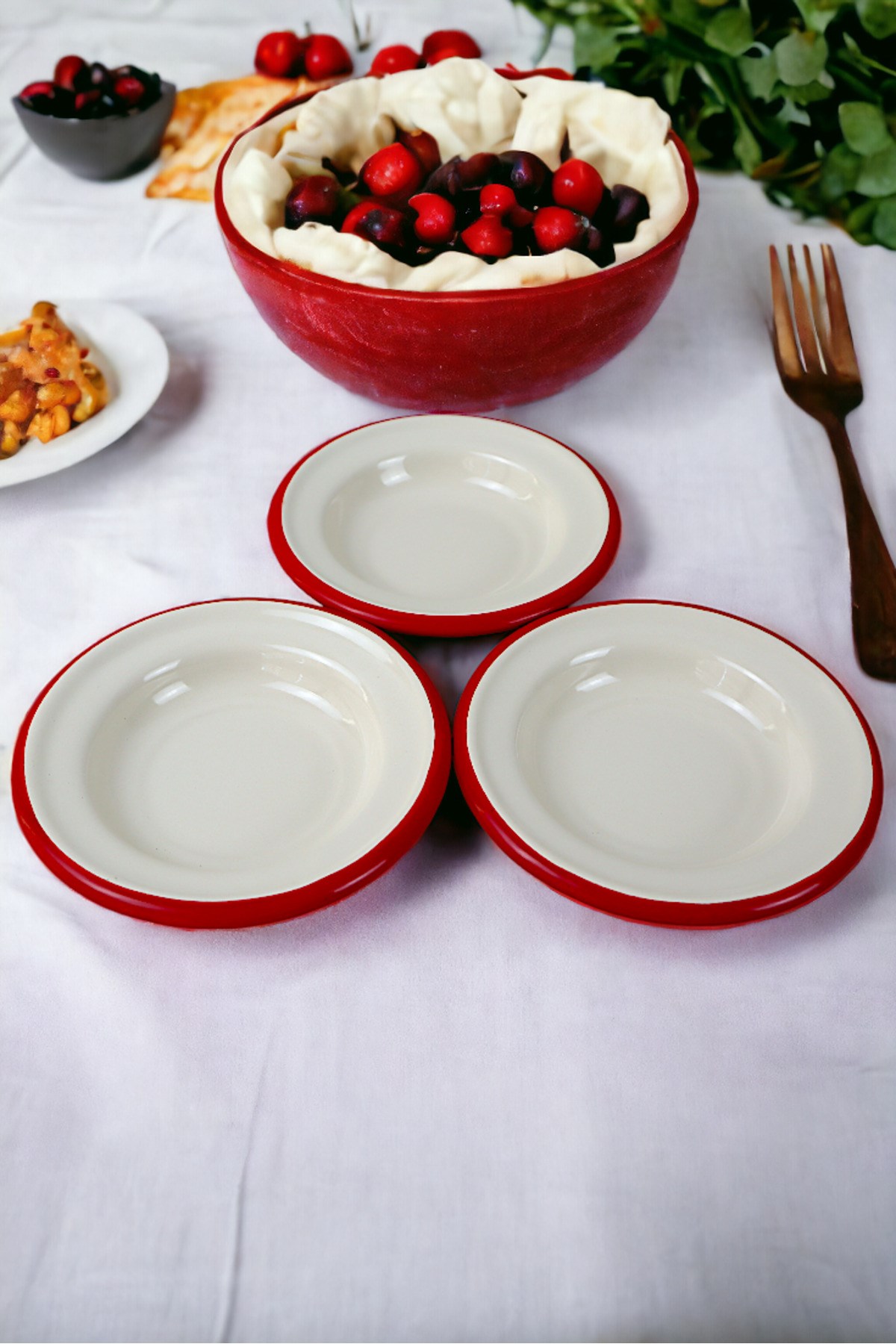 3 Parça 14Cm Emaye Tabak Set , Kahvaltı Tabağı, Reçellik, Zeytin, Peynir Tabağı, Çeyiz, Hediye
