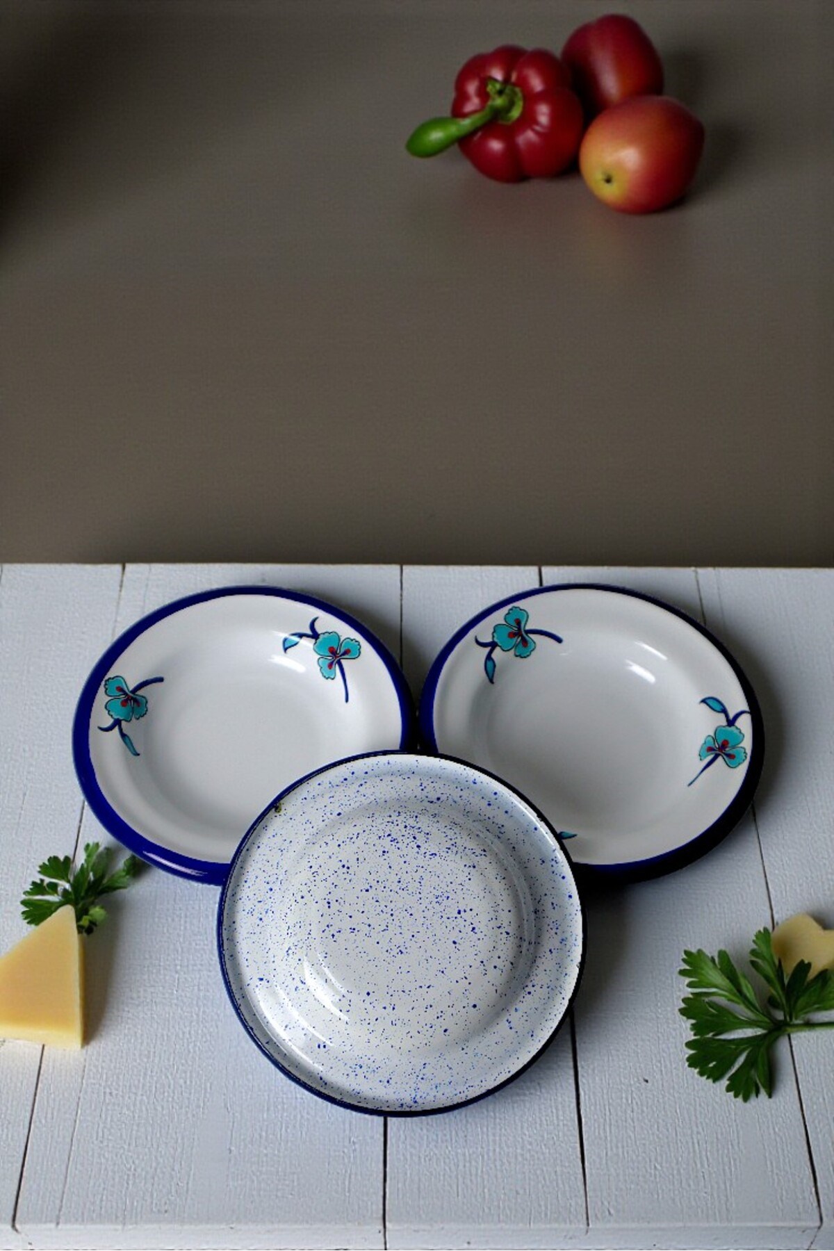 3 Parça 14Cm Emaye Tabak Set ,Kahvaltı Tabağı,Reçellik, Zeytin, Peynir Tabağı, Çeyiz