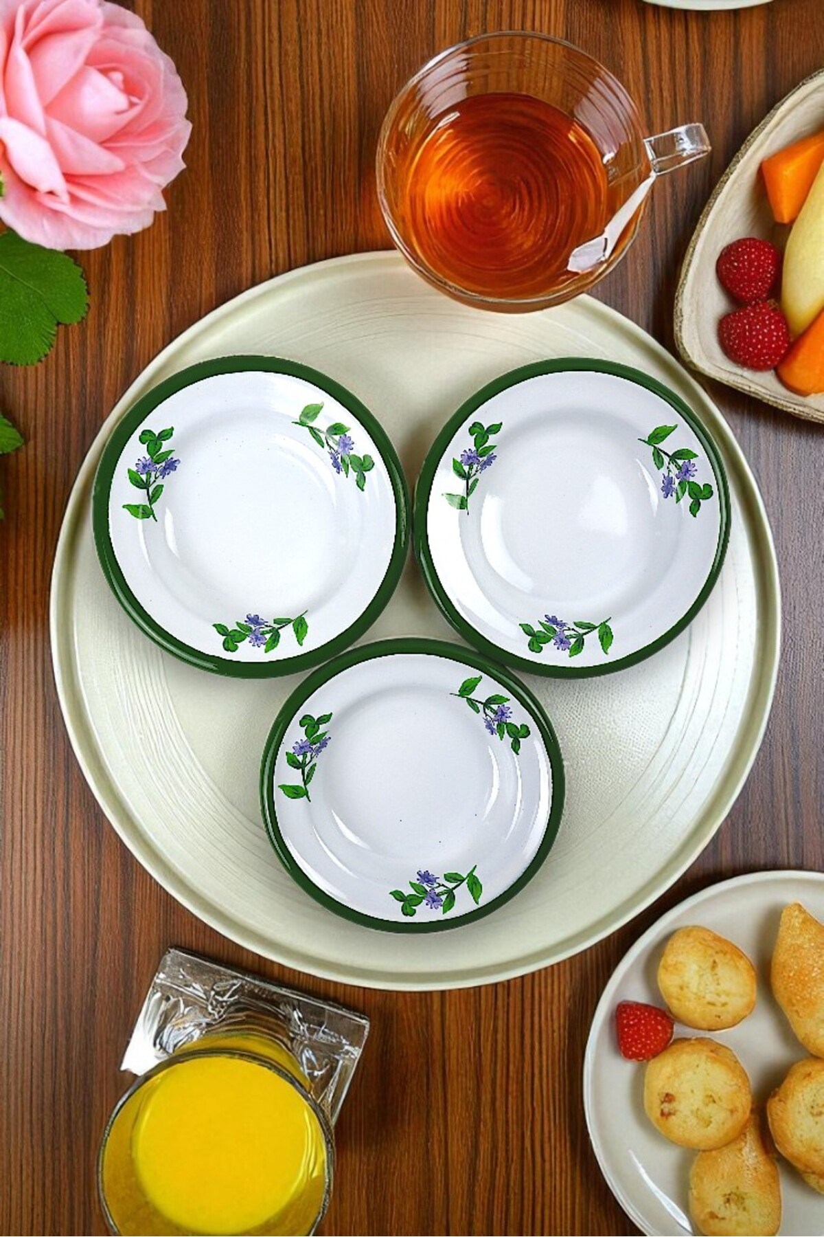 3 Parça 14Cm Emaye Tabak Set ,Kahvaltı Tabağı,Reçellik, Zeytin, Peynir Tabağı, Çeyiz, Yılbaşı Hediye
