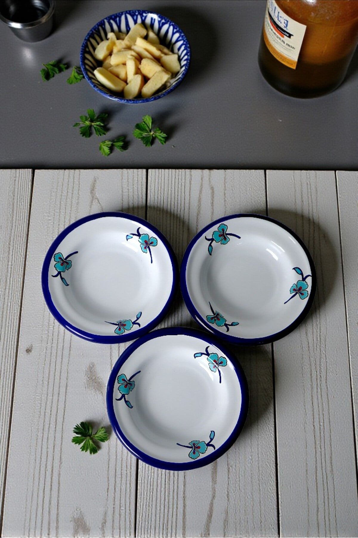 3 Parça 14Cm Emaye Tabak Set ,Kahvaltı Tabağı,Reçellik, Zeytin, Peynir Tabağı, Çeyiz