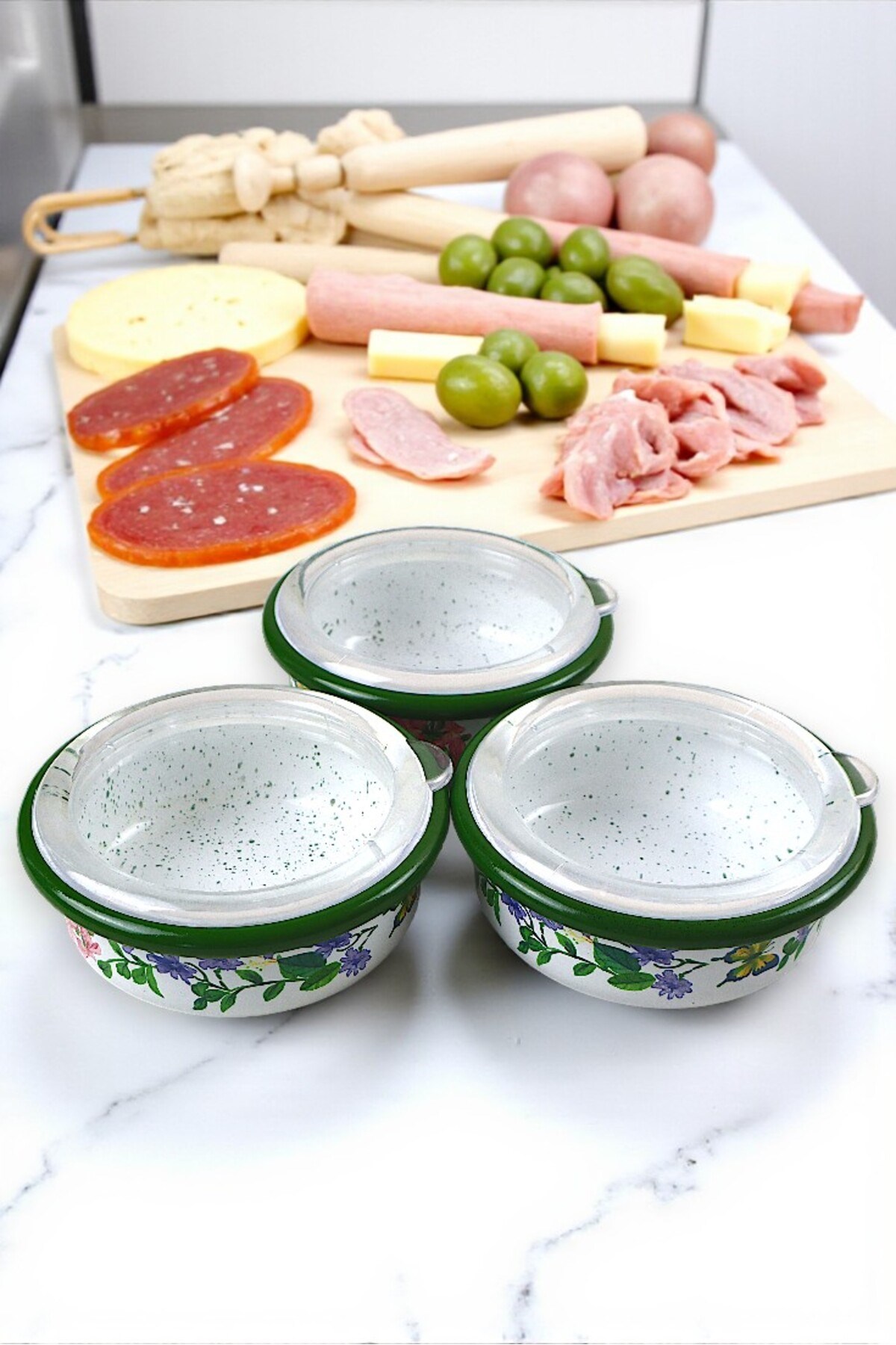 3 Parça Orta Boy,kapaklı,Desenli Emaye Kahvaltı Seti,Sunum,Kahvaltı Tabağı, Reçellik,Zeytin