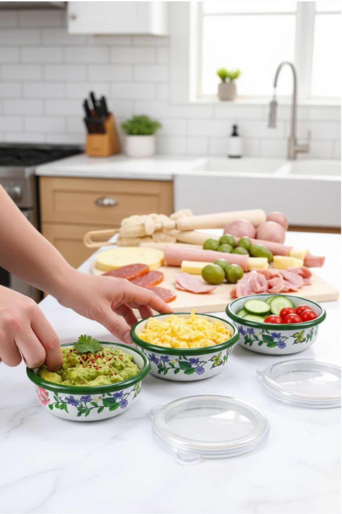 3 Parça Orta Boy,kapaklı,Desenli Emaye Kahvaltı Seti,Sunum,Kahvaltı Tabağı, Reçellik,Zeytin