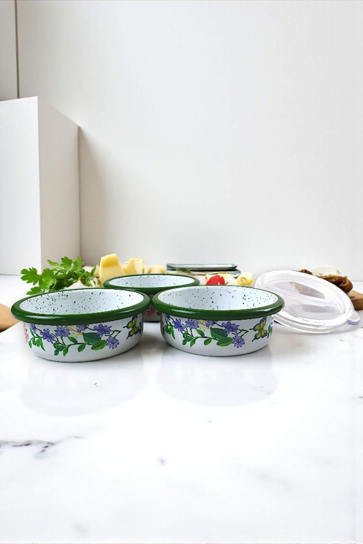 3 Parça Orta Boy,kapaklı,Desenli Emaye Kahvaltı Seti,Sunum,Kahvaltı Tabağı, Reçellik,Zeytin