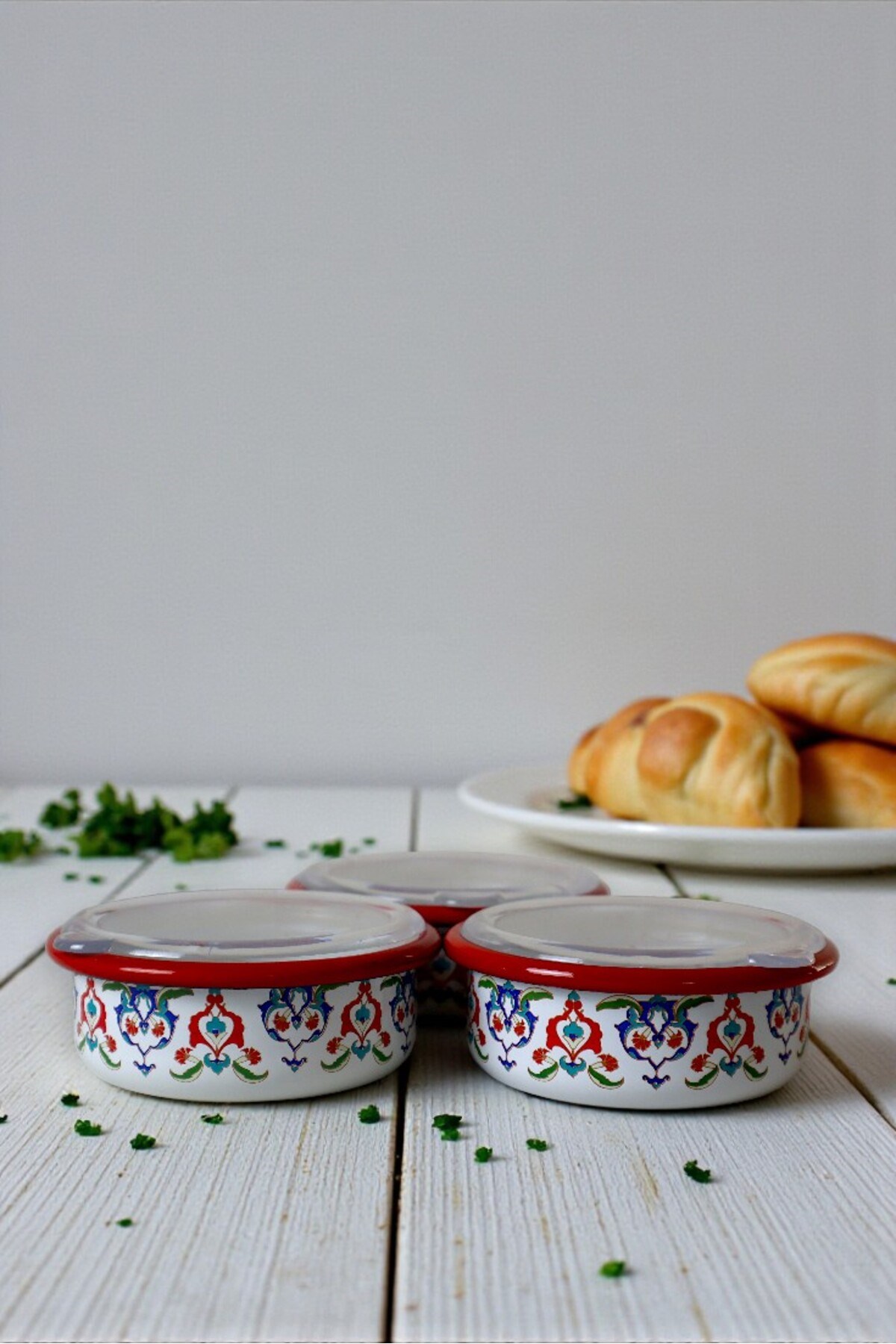 3 Parça Orta Boy,kapaklı,Desenli Emaye Kahvaltı Seti,Sunum,Kahvaltı Tabağı, Reçellik,Zeytin