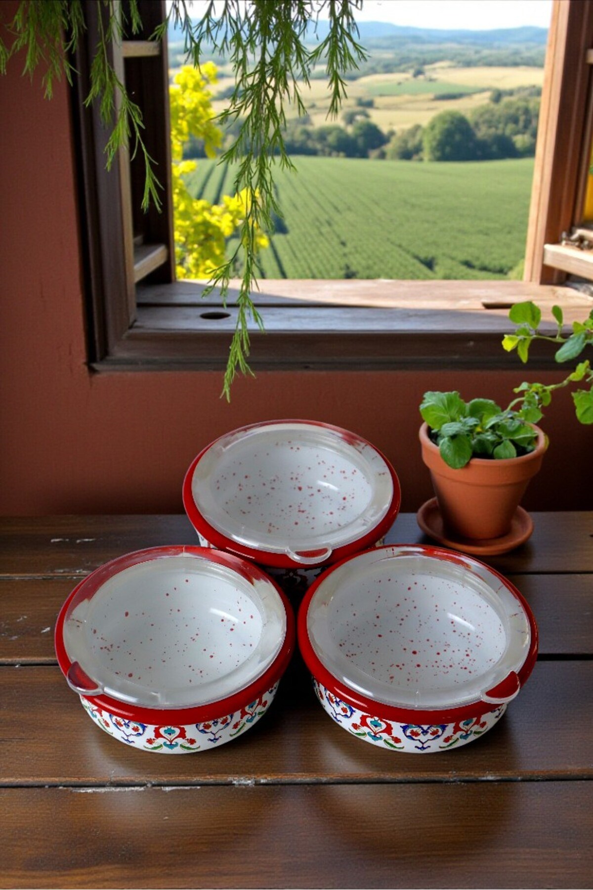 3 Parça Orta Boy,kapaklı,Desenli Emaye Kahvaltı Seti,Sunum,Kahvaltı Tabağı, Reçellik,Zeytin