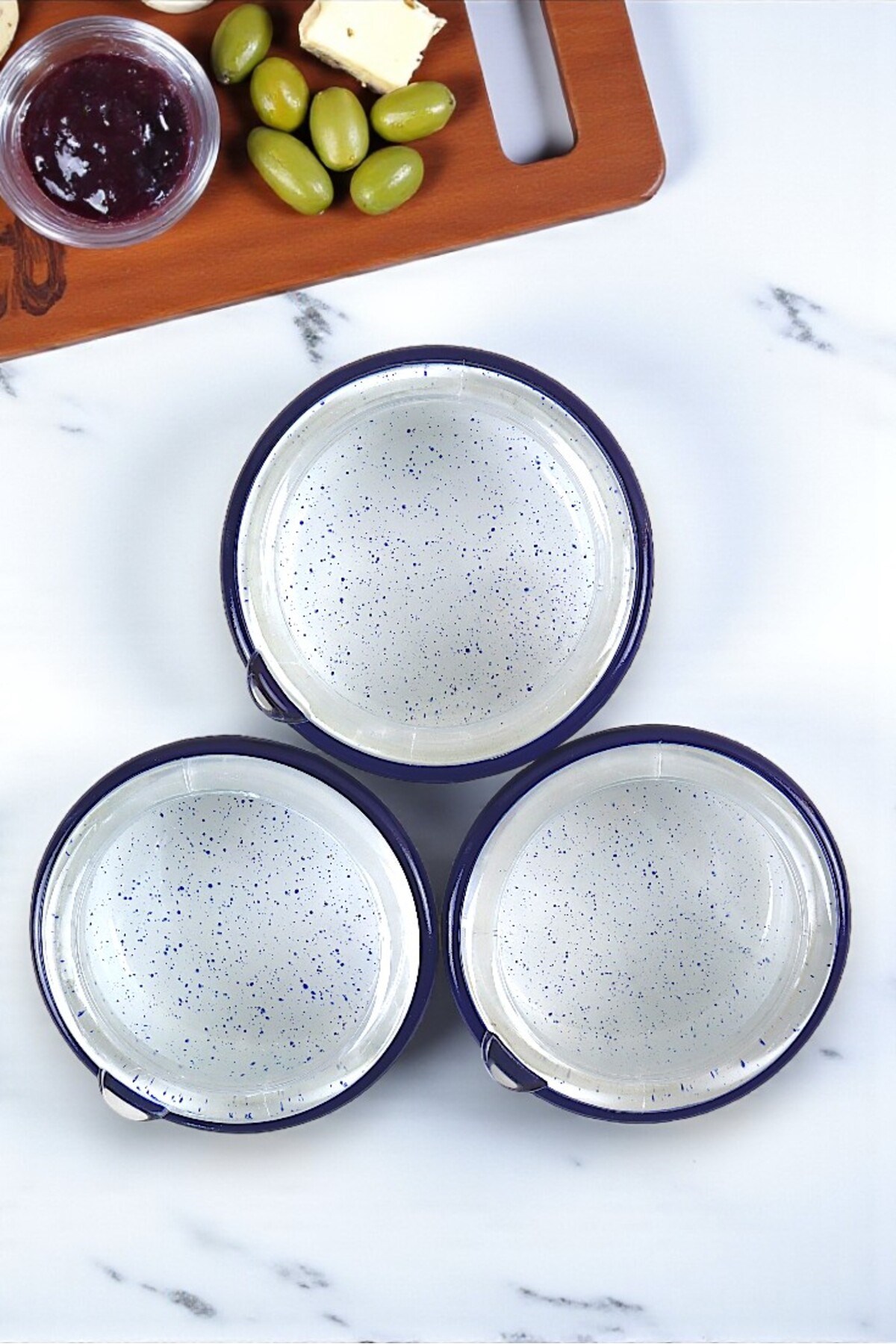 3 Parça Orta Boy,kapaklı,Desenli Emaye Kahvaltı Seti,Sunum,Kahvaltı Tabağı, Reçellik,Zeytin