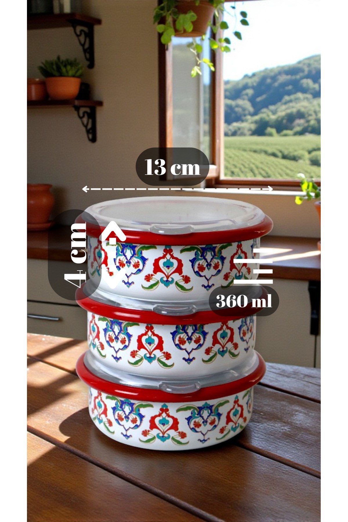 3 Parça Orta Boy,kapaklı,Desenli Emaye Kahvaltı Seti,Sunum,Kahvaltı Tabağı, Reçellik,Zeytin