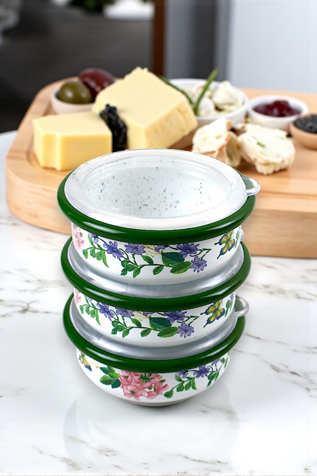 3 Parça Orta Boy,kapaklı,Desenli Emaye Kahvaltı Seti,Sunum,Kahvaltı Tabağı, Reçellik,Zeytin