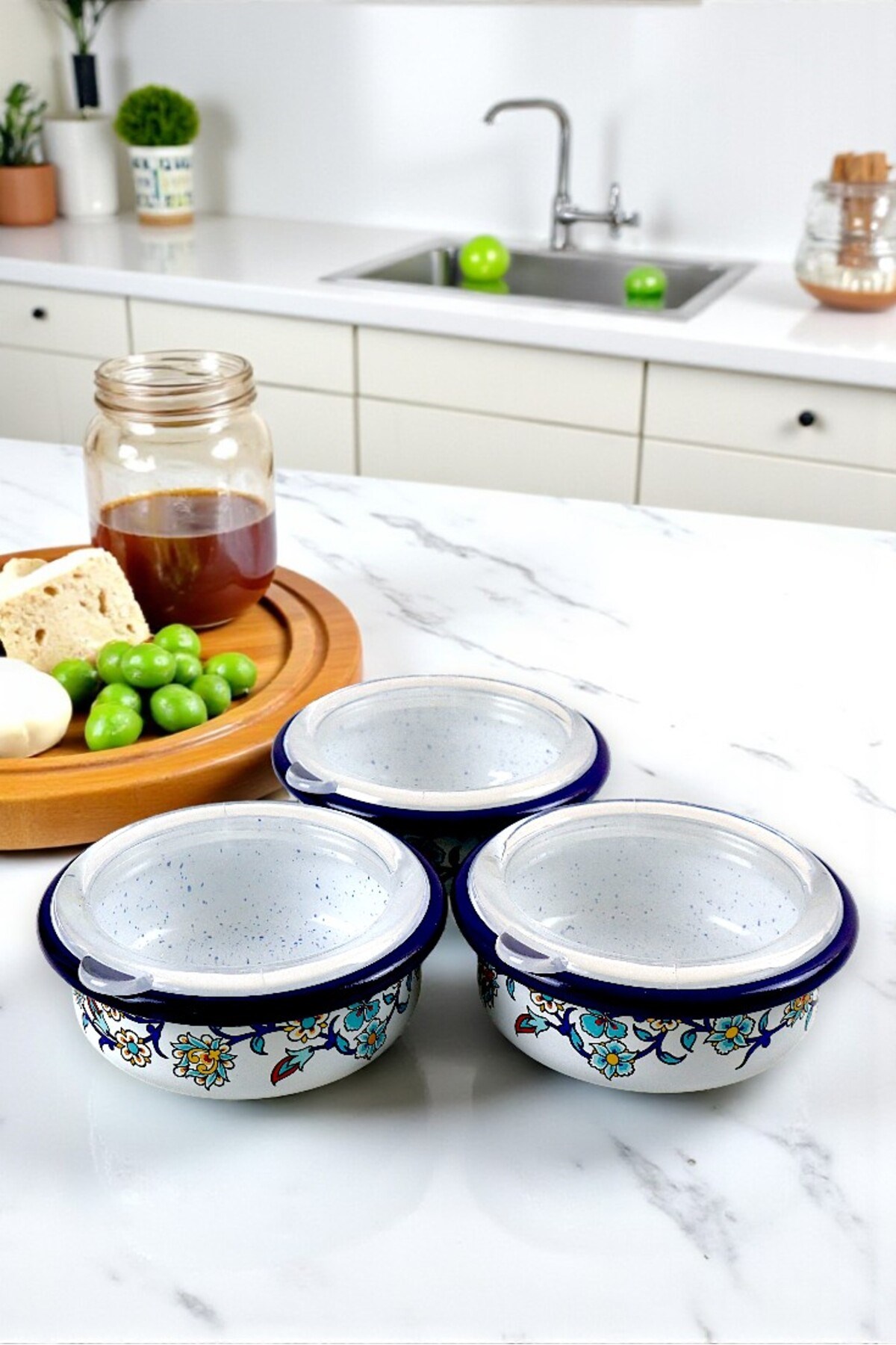 3 Parça Orta Boy,kapaklı,Desenli Emaye Kahvaltı Seti,Sunum,Kahvaltı Tabağı, Reçellik,Zeytin