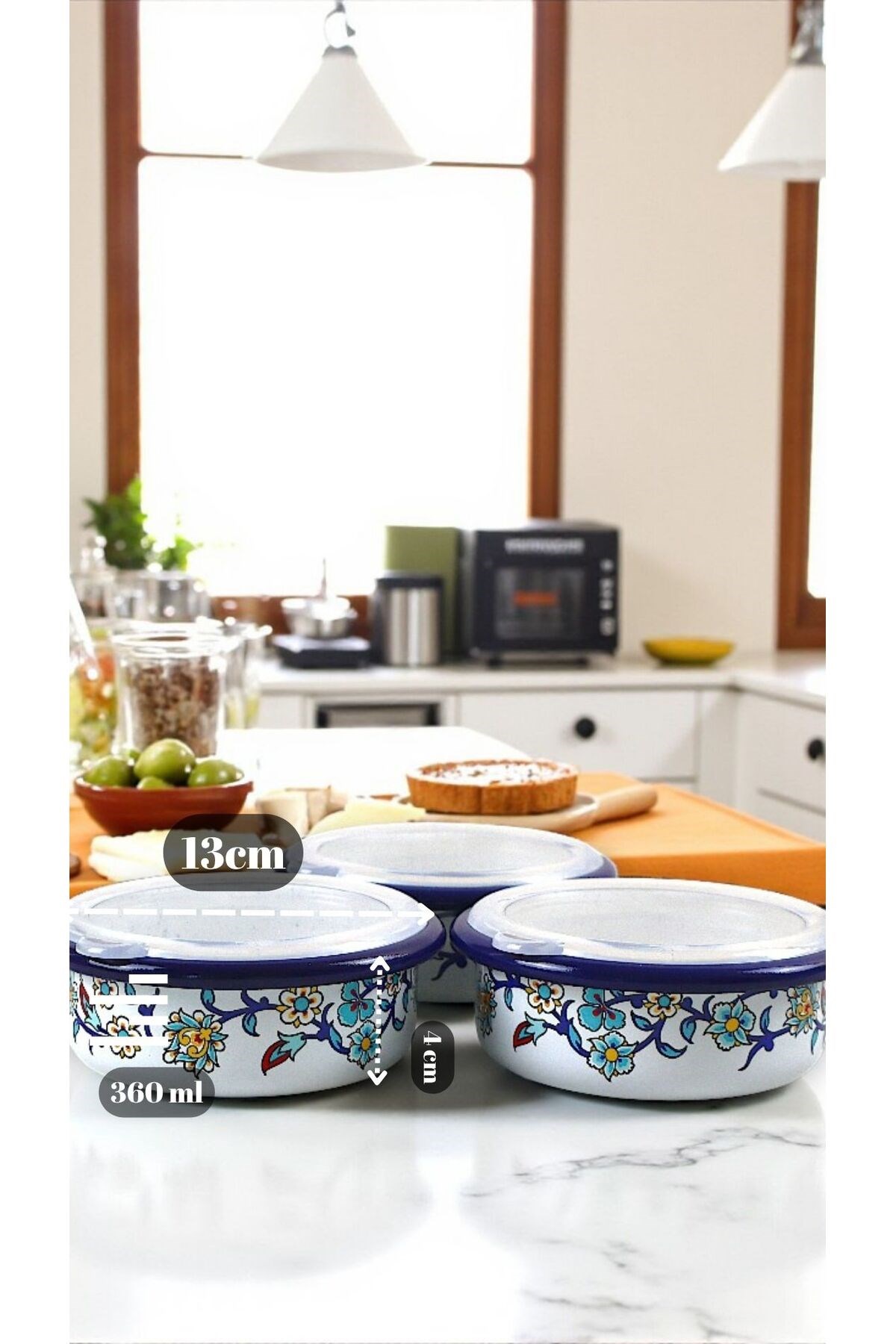3 Parça Orta Boy,kapaklı,Desenli Emaye Kahvaltı Seti,Sunum,Kahvaltı Tabağı, Reçellik,Zeytin