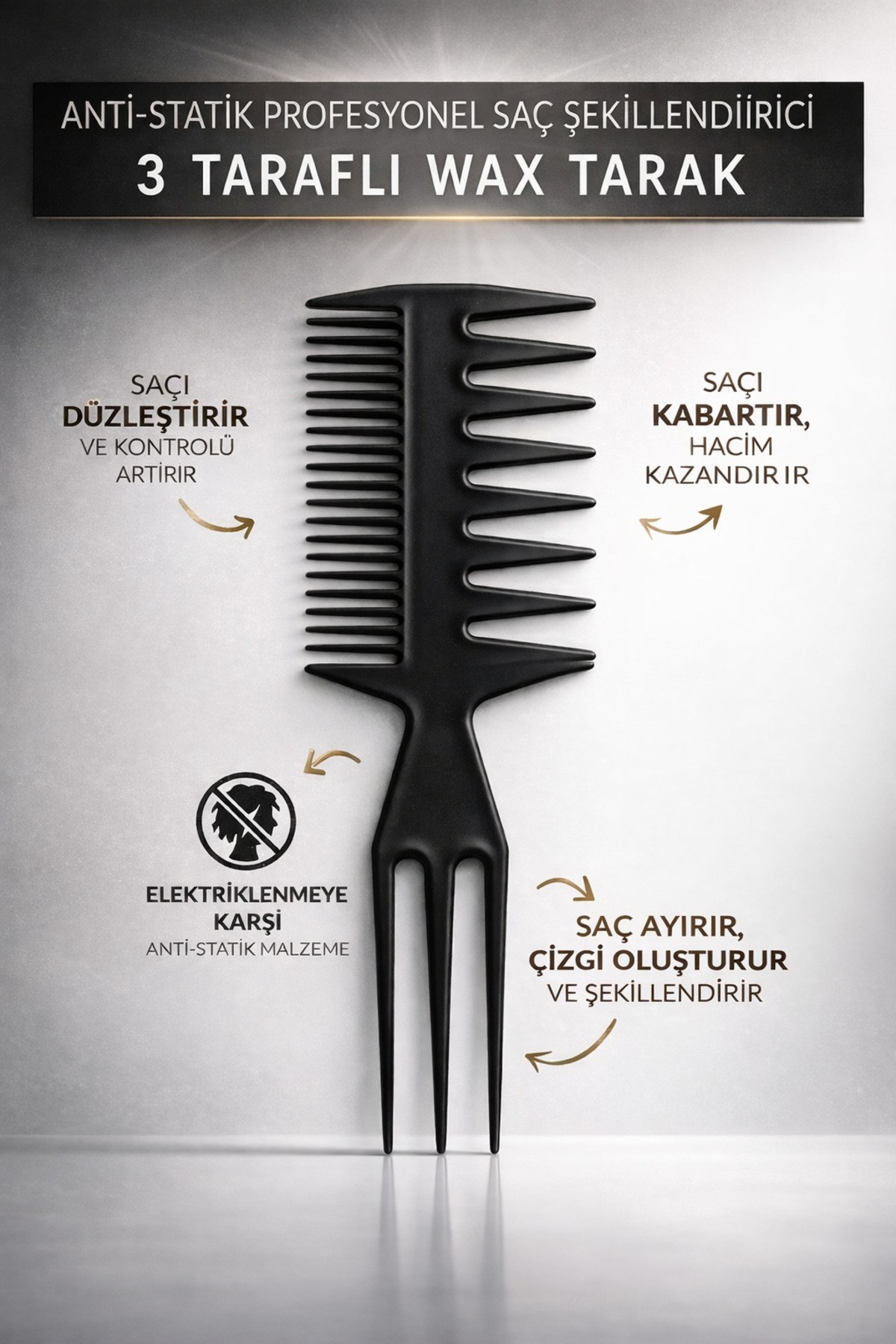 3 Taraflı Profesyonel Wax Tarak Anti Statik Saç Şekillendirici Hacim Veren Saç Tarağı