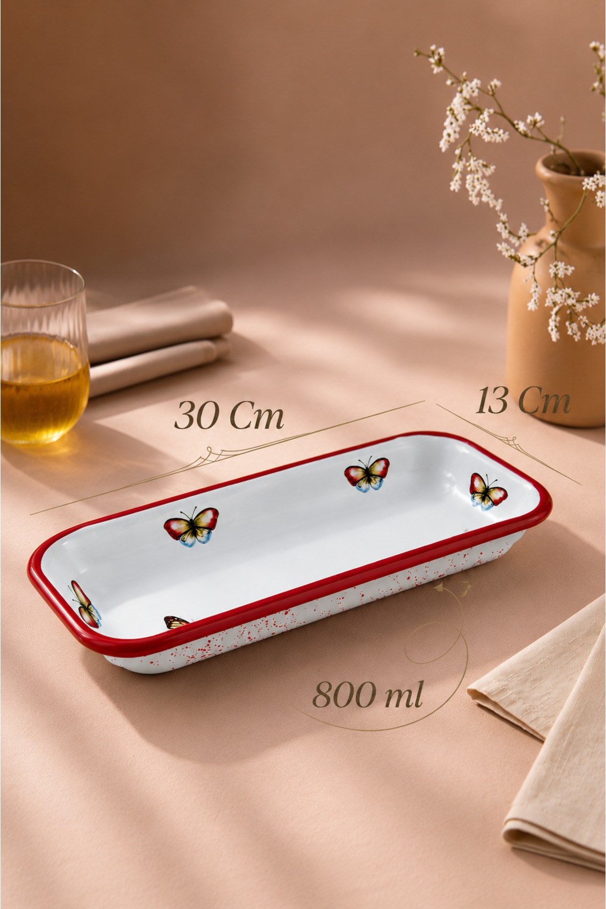 30X13 Cm Emaye Dikdörtgen Tabak, Sunum, Çerezlik, Çeyiz, Hediyelik