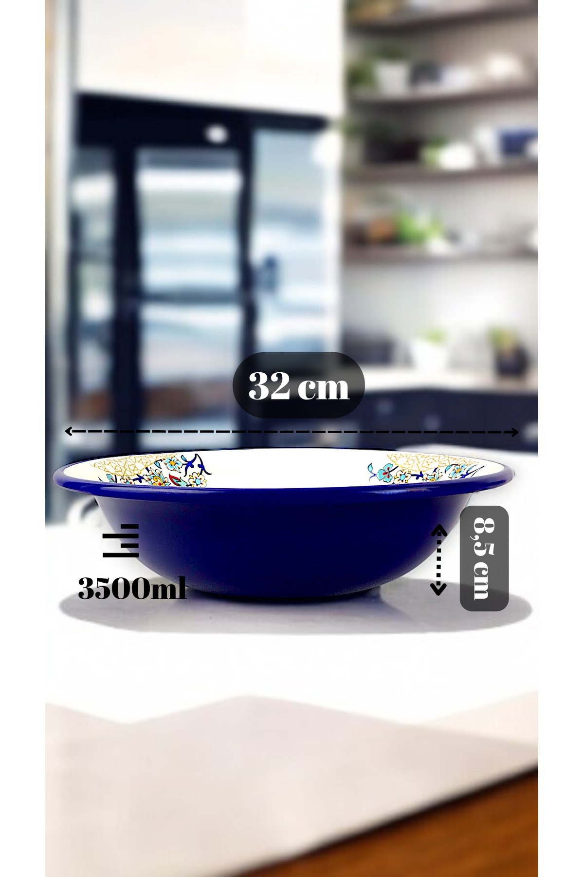 32 Cm 3.5Litre Emaye Leğen Çırpma ve Karıştırma Kabı, Hamur Leğeni. Meyvelik. Çeyiz. Büyük Kase