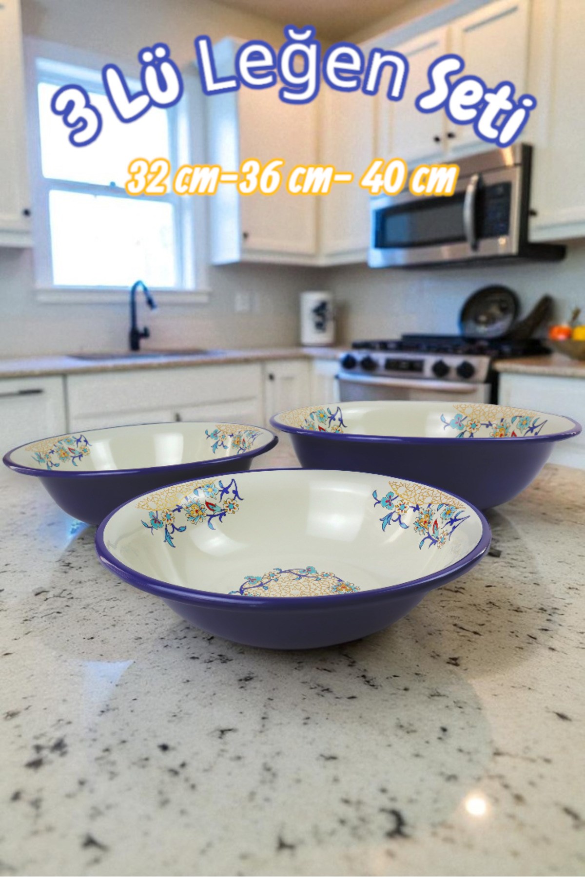 32 Cm-36 Cm-40 Cm 3 Lü Emaye Leğen Çırpma Ve Karıştırma Kabı, Hamur Leğeni,Meyvelik, Çeyiz, Hediye,