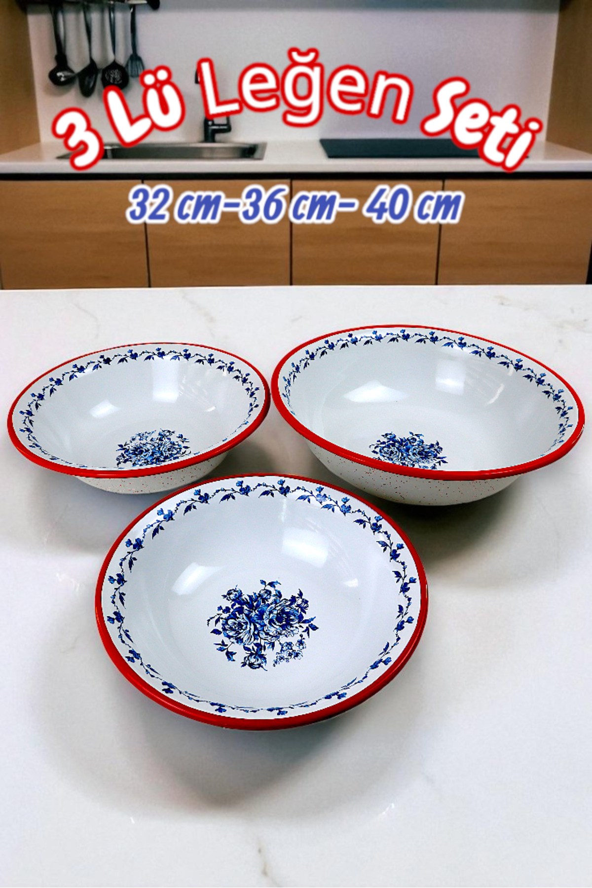 32 Cm-36 Cm-40 Cm 3 Lü Emaye Leğen Çırpma Ve Karıştırma Kabı, Hamur Leğeni,Meyvelik, Çeyiz, Hediye,