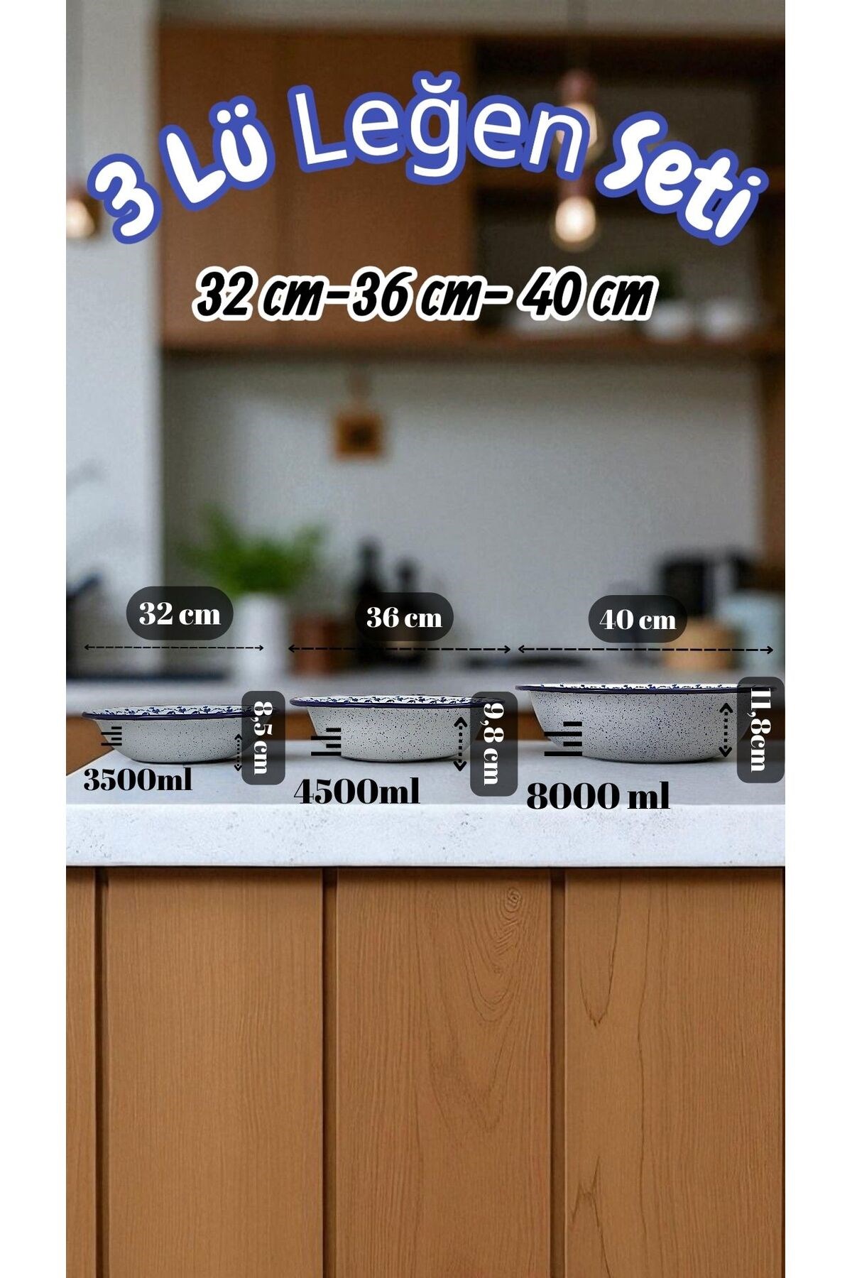 32 Cm-36 Cm-40 Cm 3 Lü Emaye Leğen Çırpma Ve Karıştırma Kabı, Hamur Leğeni,Meyvelik, Çeyiz, Hediye,