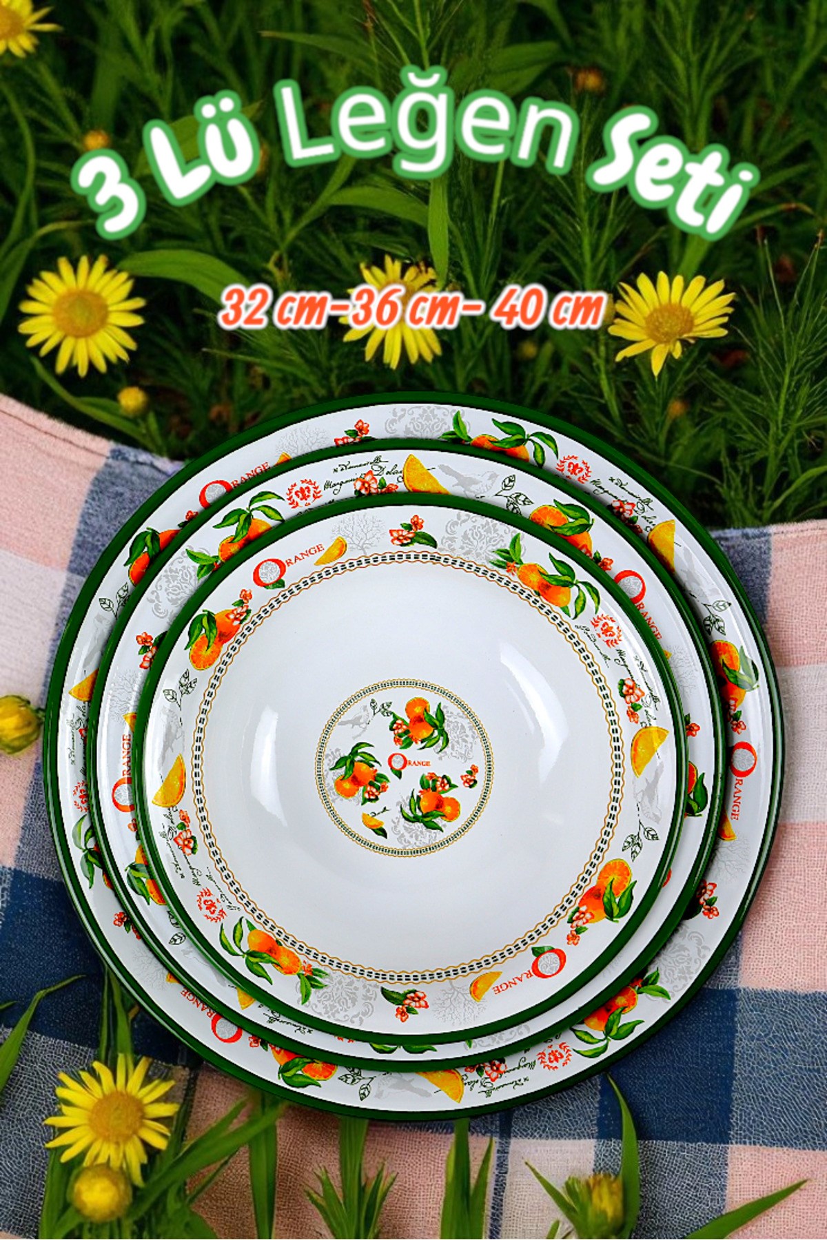 32 Cm-36 Cm-40 Cm 3 Lü Emaye Leğen Çırpma Ve Karıştırma Kabı, Hamur Leğeni,Meyvelik, Çeyiz, Hediye,
