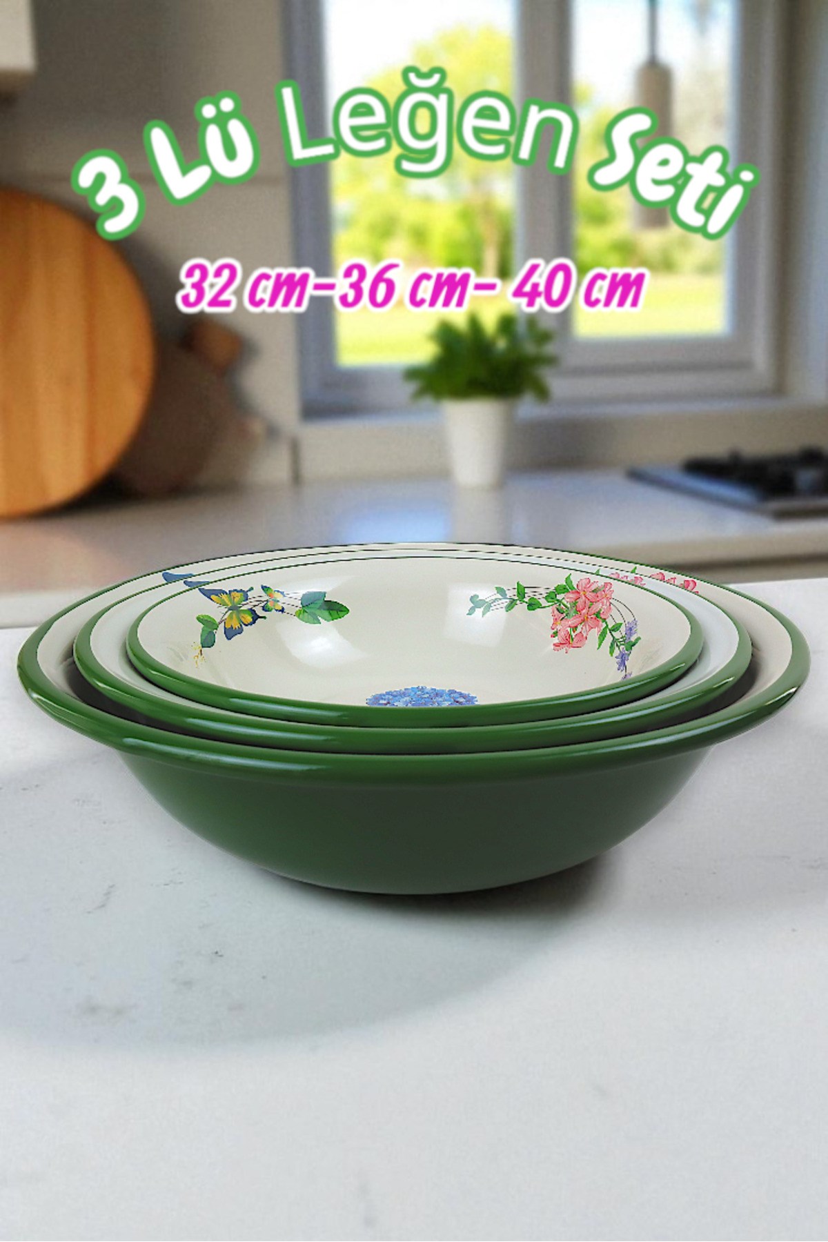 32 Cm-36 Cm-40 Cm 3 Lü Emaye Leğen Çırpma Ve Karıştırma Kabı, Hamur Leğeni,Meyvelik, Çeyiz, Hediye,