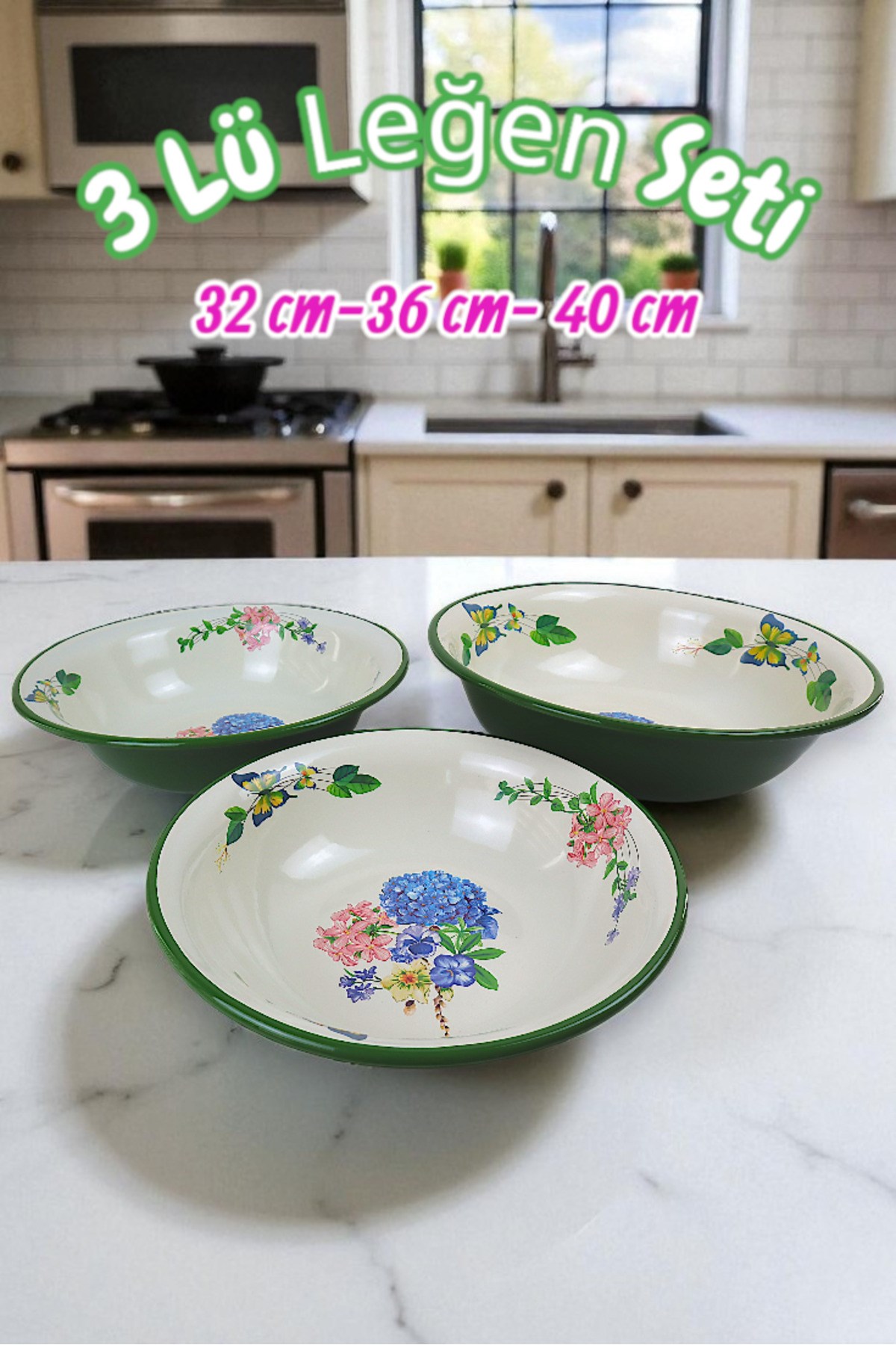 32 Cm-36 Cm-40 Cm 3 Lü Emaye Leğen Çırpma Ve Karıştırma Kabı, Hamur Leğeni,Meyvelik, Çeyiz, Hediye,