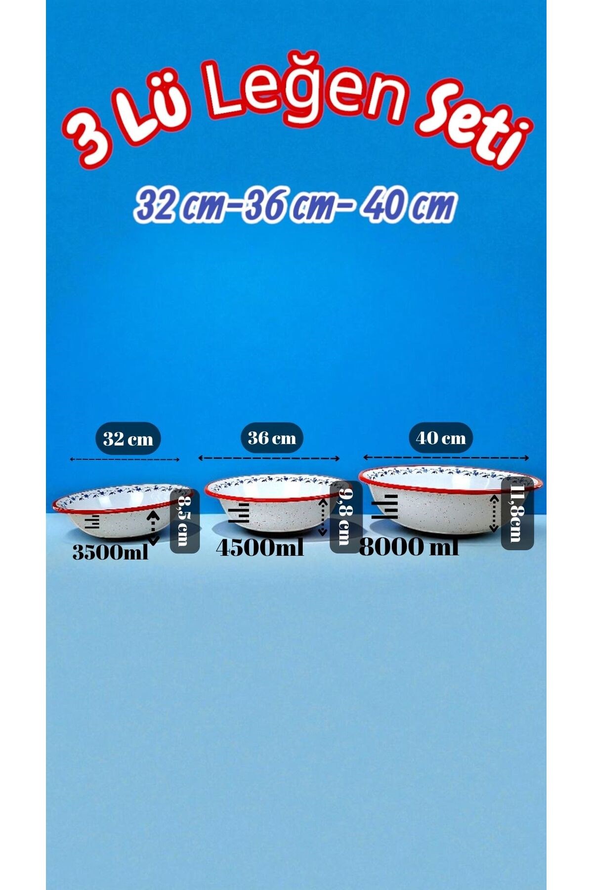 32 Cm-36 Cm-40 Cm 3 Lü Emaye Leğen Çırpma Ve Karıştırma Kabı, Hamur Leğeni,Meyvelik, Çeyiz, Hediye,