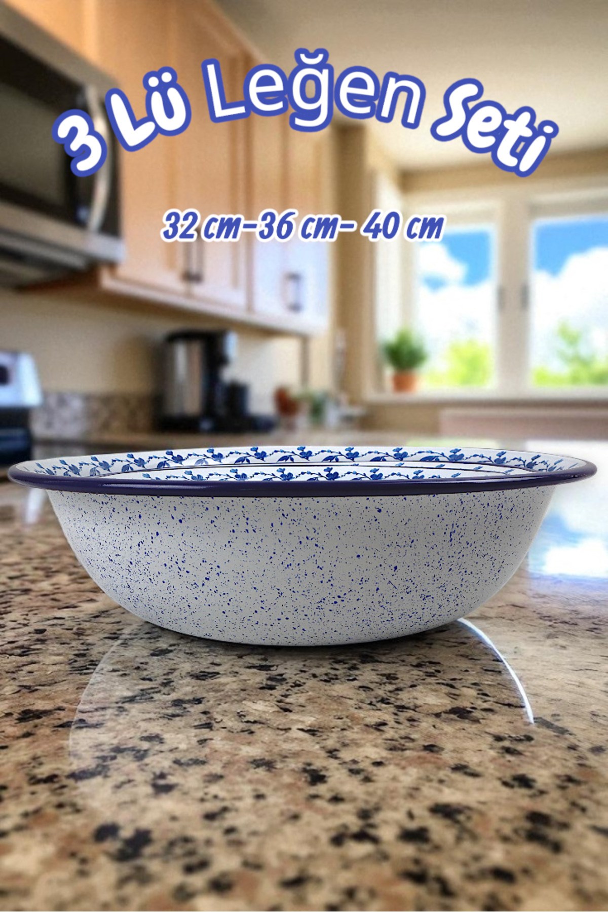 32 Cm-36 Cm-40 Cm 3 Lü Emaye Leğen Çırpma Ve Karıştırma Kabı, Hamur Leğeni,Meyvelik, Çeyiz, Hediye,