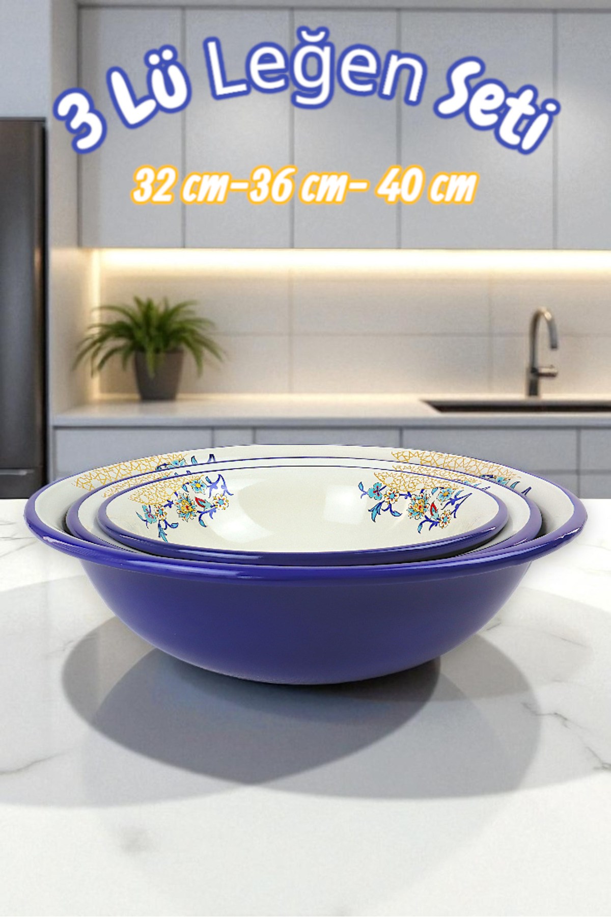 32 Cm-36 Cm-40 Cm 3 Lü Emaye Leğen Çırpma Ve Karıştırma Kabı, Hamur Leğeni,Meyvelik, Çeyiz, Hediye,
